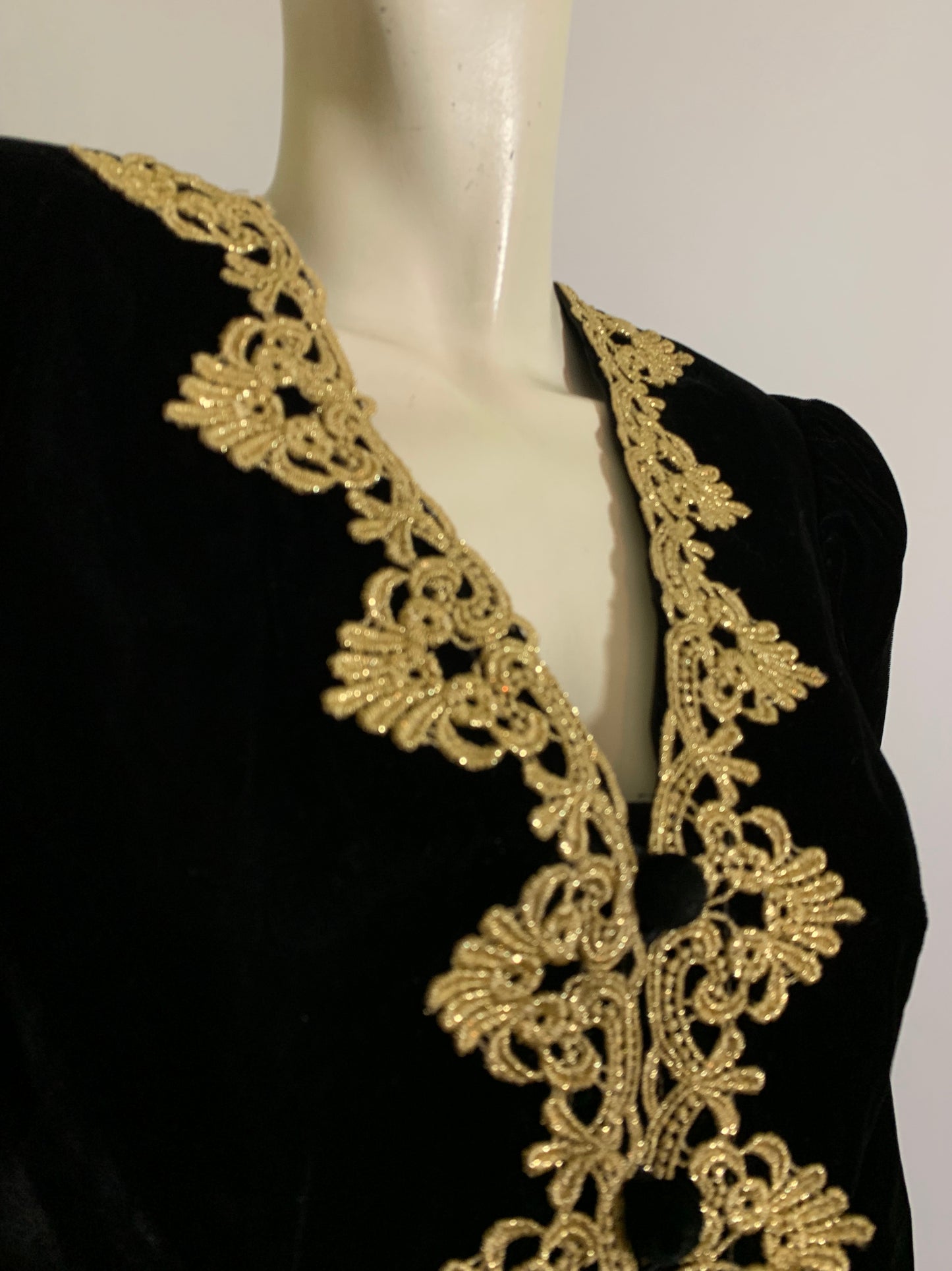 Black Velvet Cocktail Suit with Metallic Gold Braid Trim circa 1980s