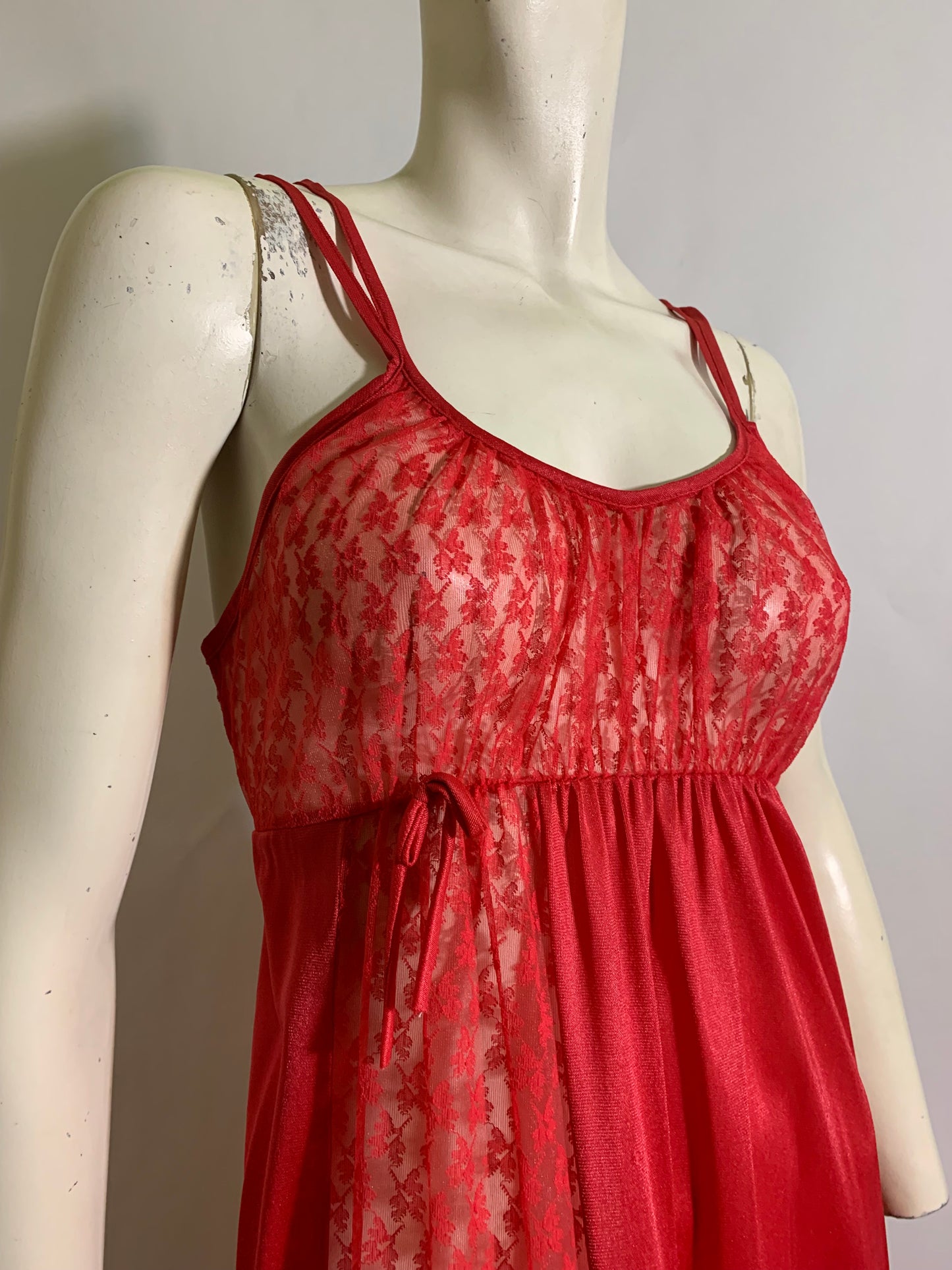 Lipstick Red Nylon and Lace Empire Waist Nightgown circa 1970s