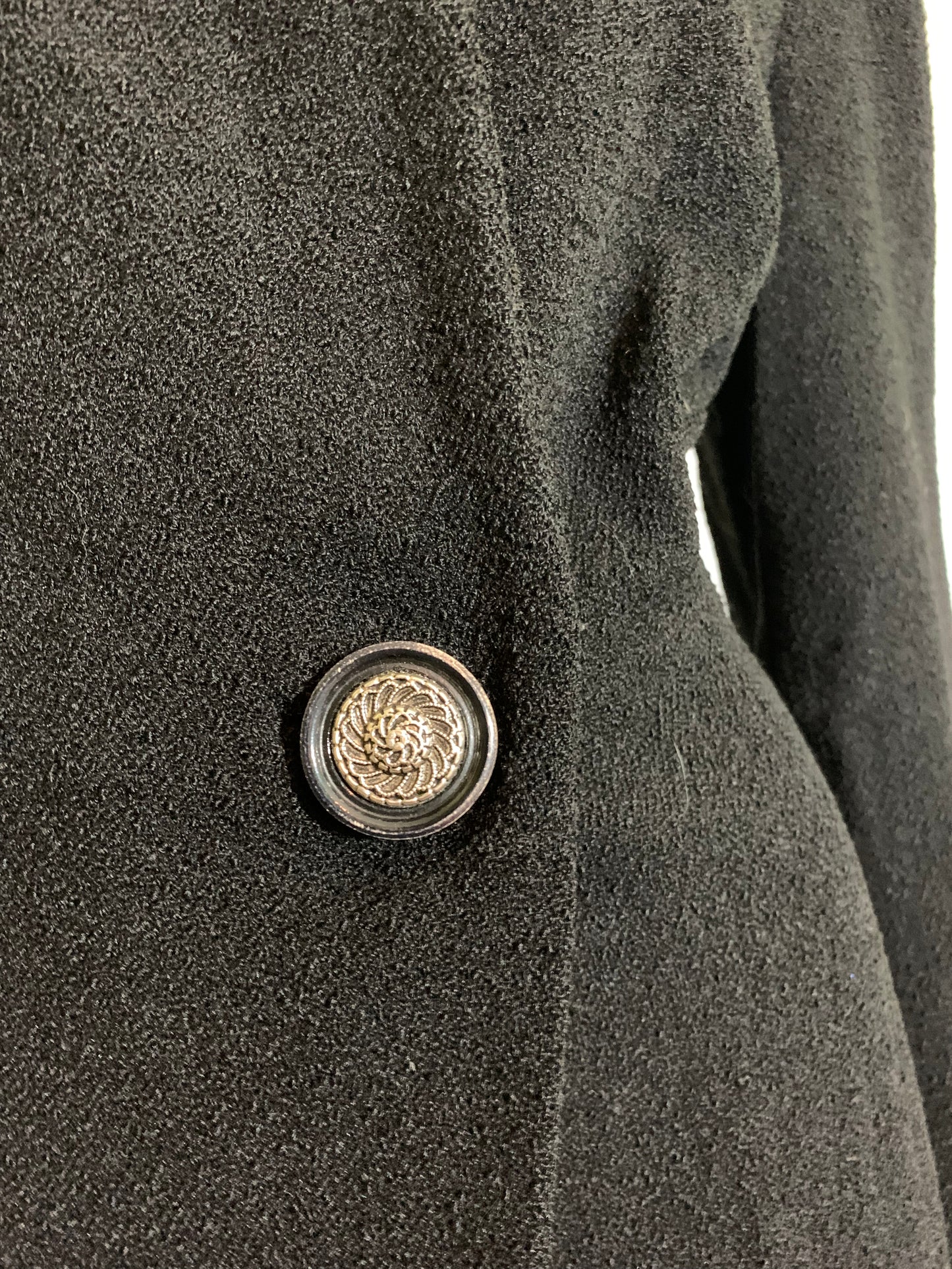 Nipped Waist Black Textured Wool Coat with Trapunto Stitched Shoulders circa 1940s