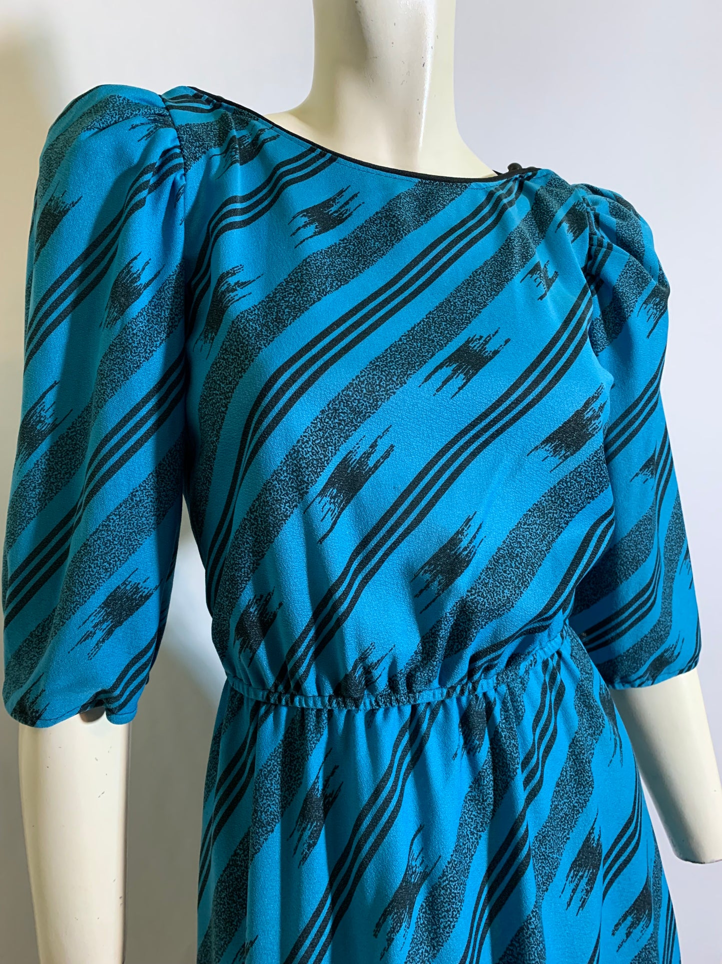 Black and Turquoise Nylon Blouson Bodice Dress circa 1980s