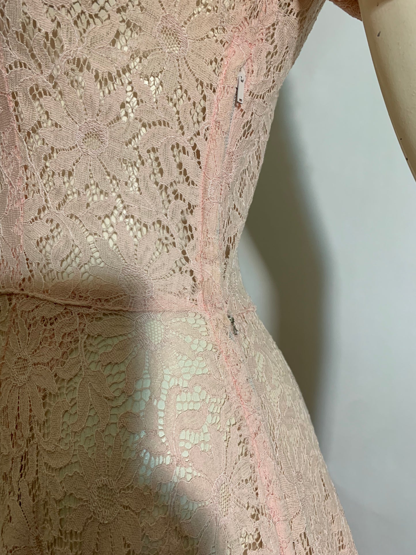 Baby Pink Sheer Lace Dress Sweetheart Neckline circa 1940s