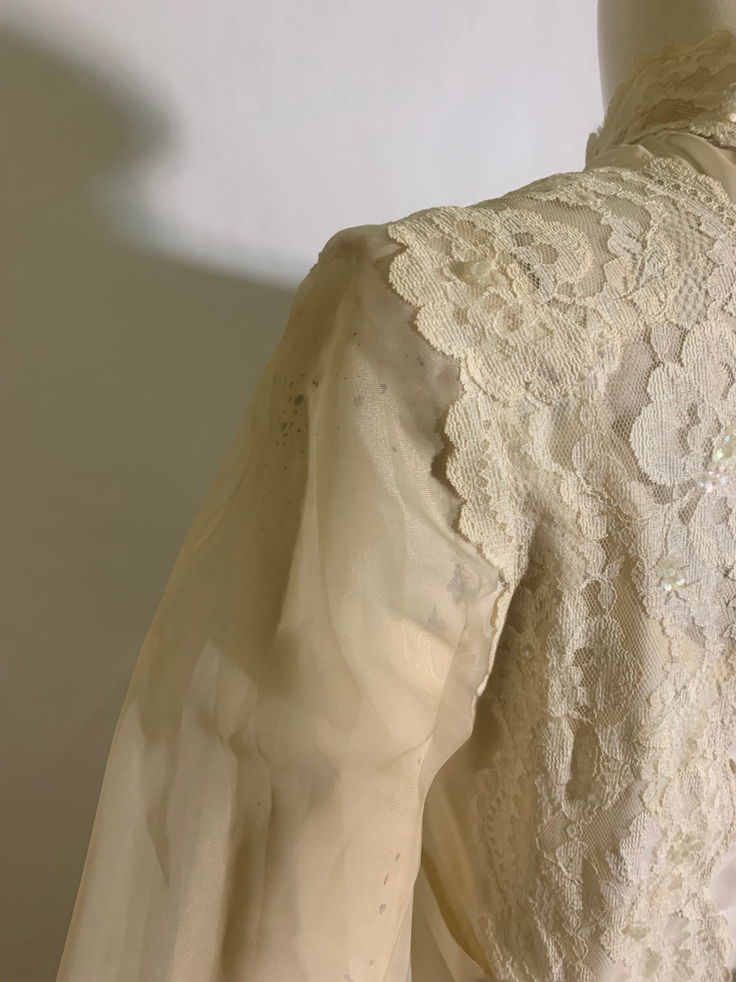 Regency Inspired Empire Waist Lace Trimmed Wedding Dress & Long Veil circa 1960s