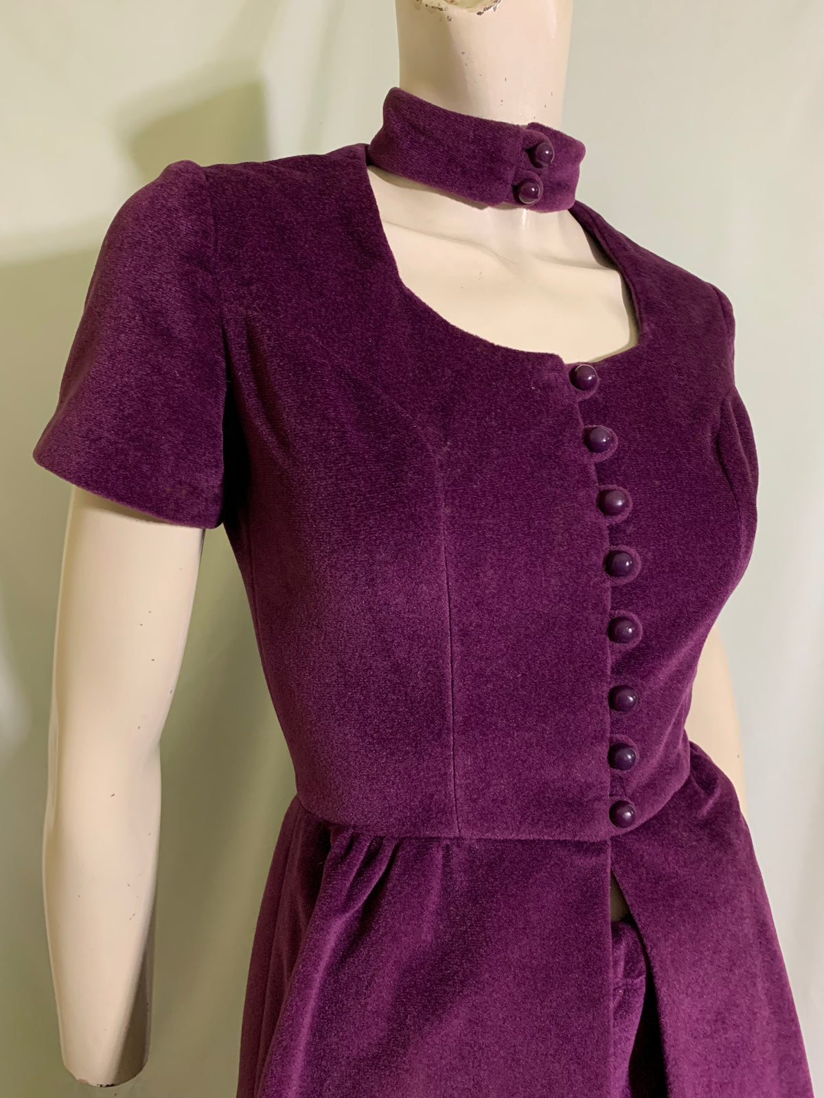 Aubergine Purple Velour Hot Pants and Split Front Mini Dress with Choker Collar circa 1970s