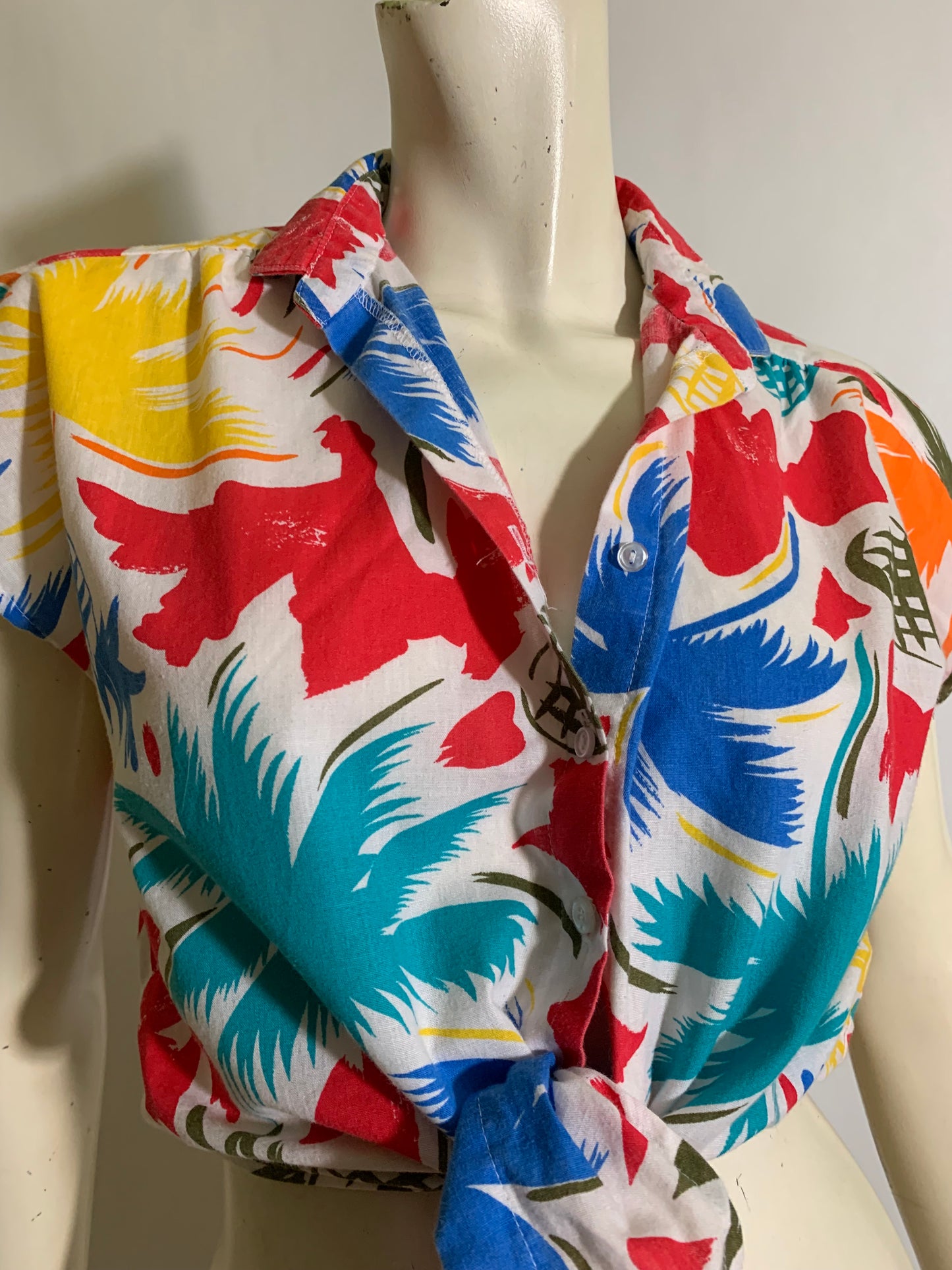 Tropical Print Tie Front Blouse circa 1980s