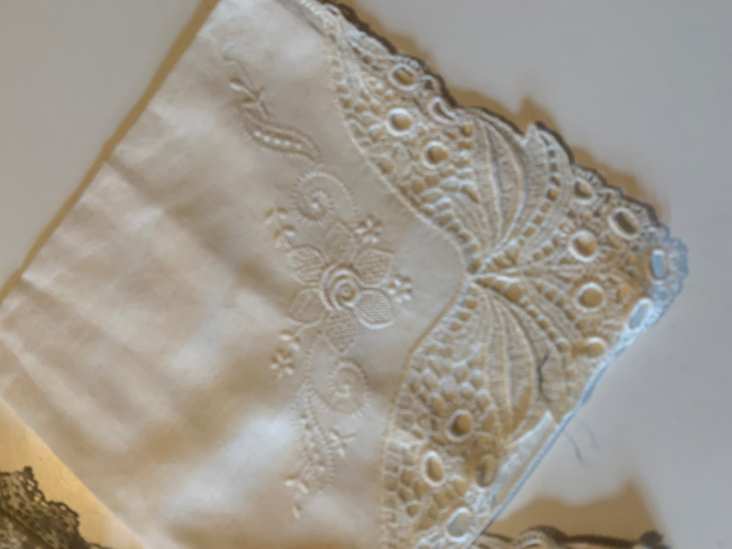 2 Pale Ivory Cotton Handkerchiefs with Lace or Tatting circa 1950s