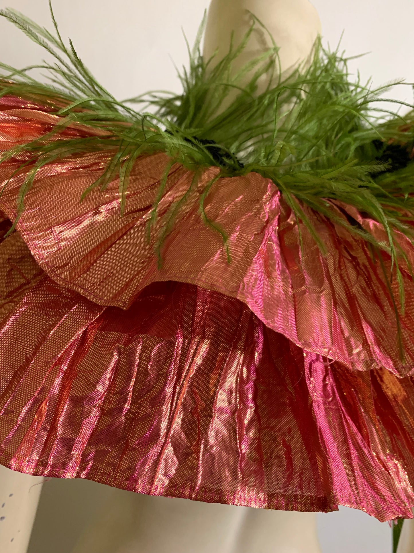 Ruffed Up- the Reimagined Pleated Iridescent Coral Ruffled Collar with Beads and Feathers