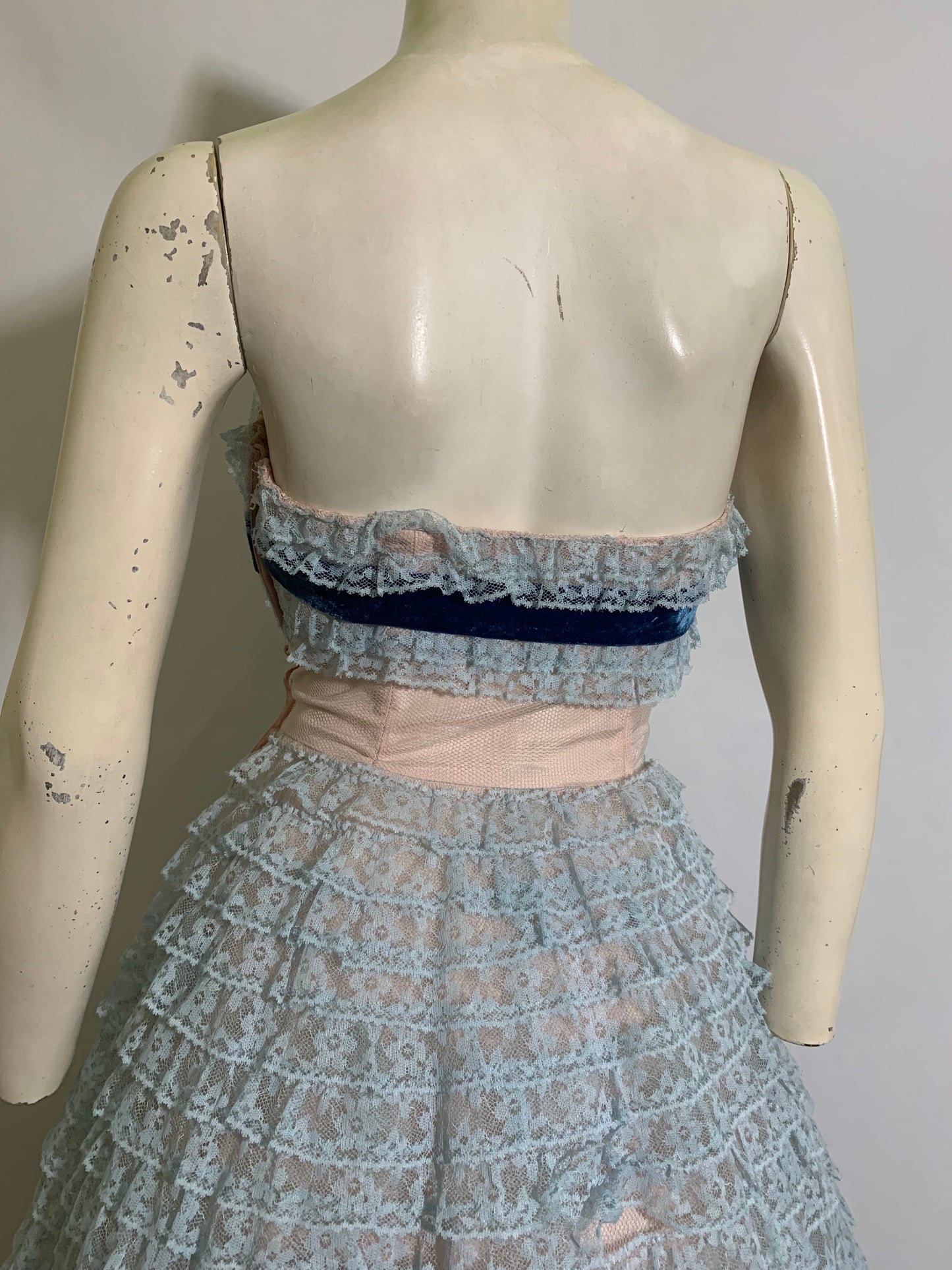 Baby Blue Lace and Tulle Strapless Party Dress Blue Velvet Ribbon circa 1960s