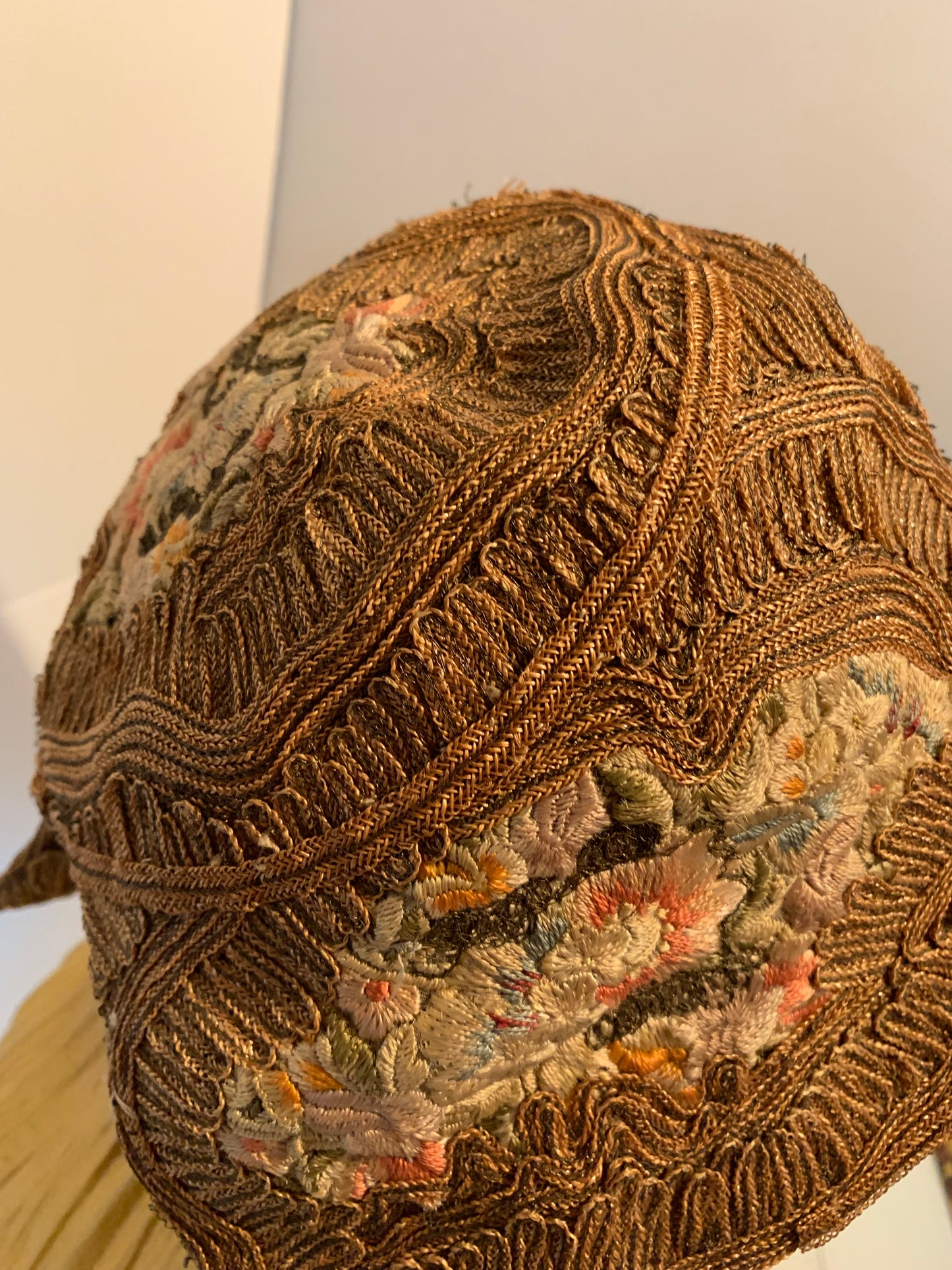 Pastel Flower Embroidered Natural Sisal Cloche Hat circa 1920s