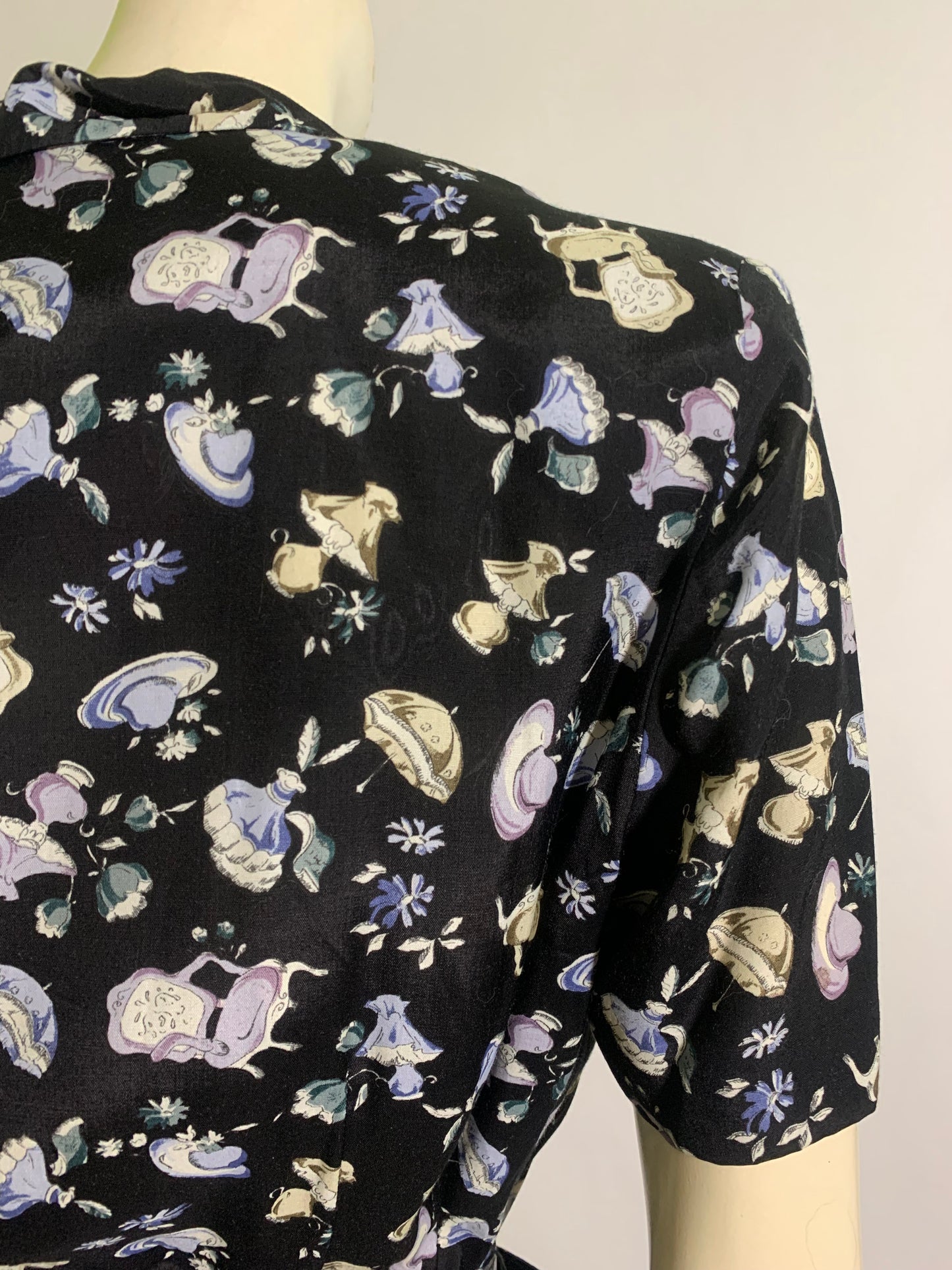 Victorian Lifestyle Novelty Print Rayon 40s Style Dress circa 1980s