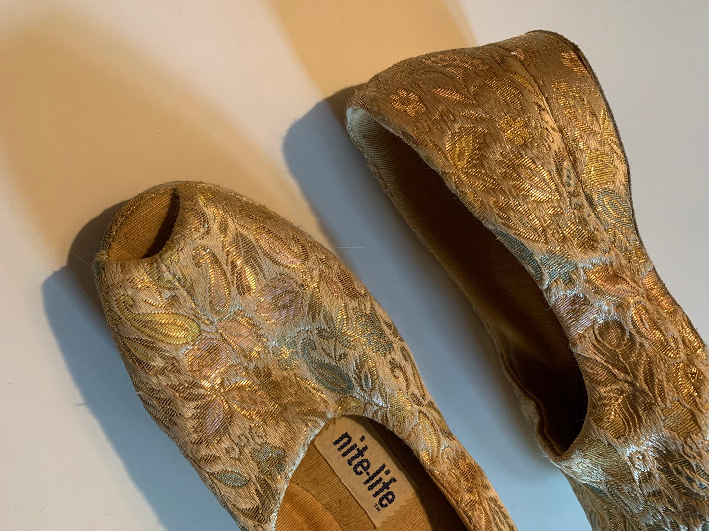 Black Low Heel Peeptoe Metallic Boudoir Slippers Shoes circa 1940s 8
