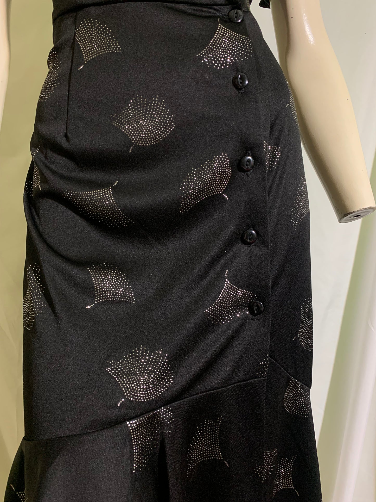 Black Nylon Slinky Disco Dress with Silver Art Deco Design circa 1980s