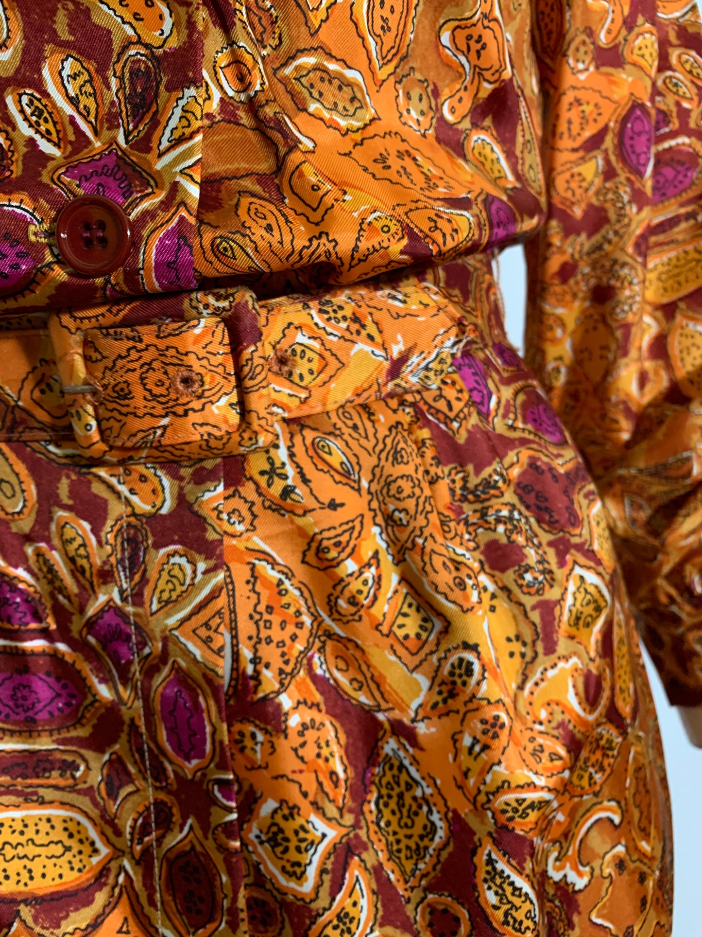 Fire Orange Paisley and Fig Print Dress circa 1960s