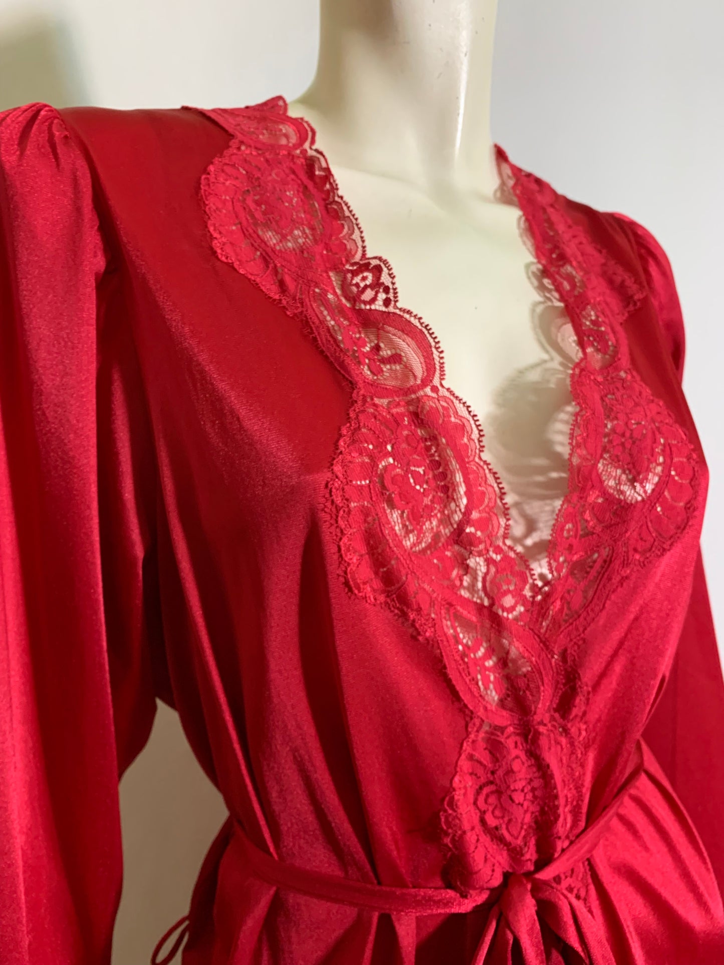 Lipstick Red Nylon Glamorous Robe with Lace Trim circa 1980s