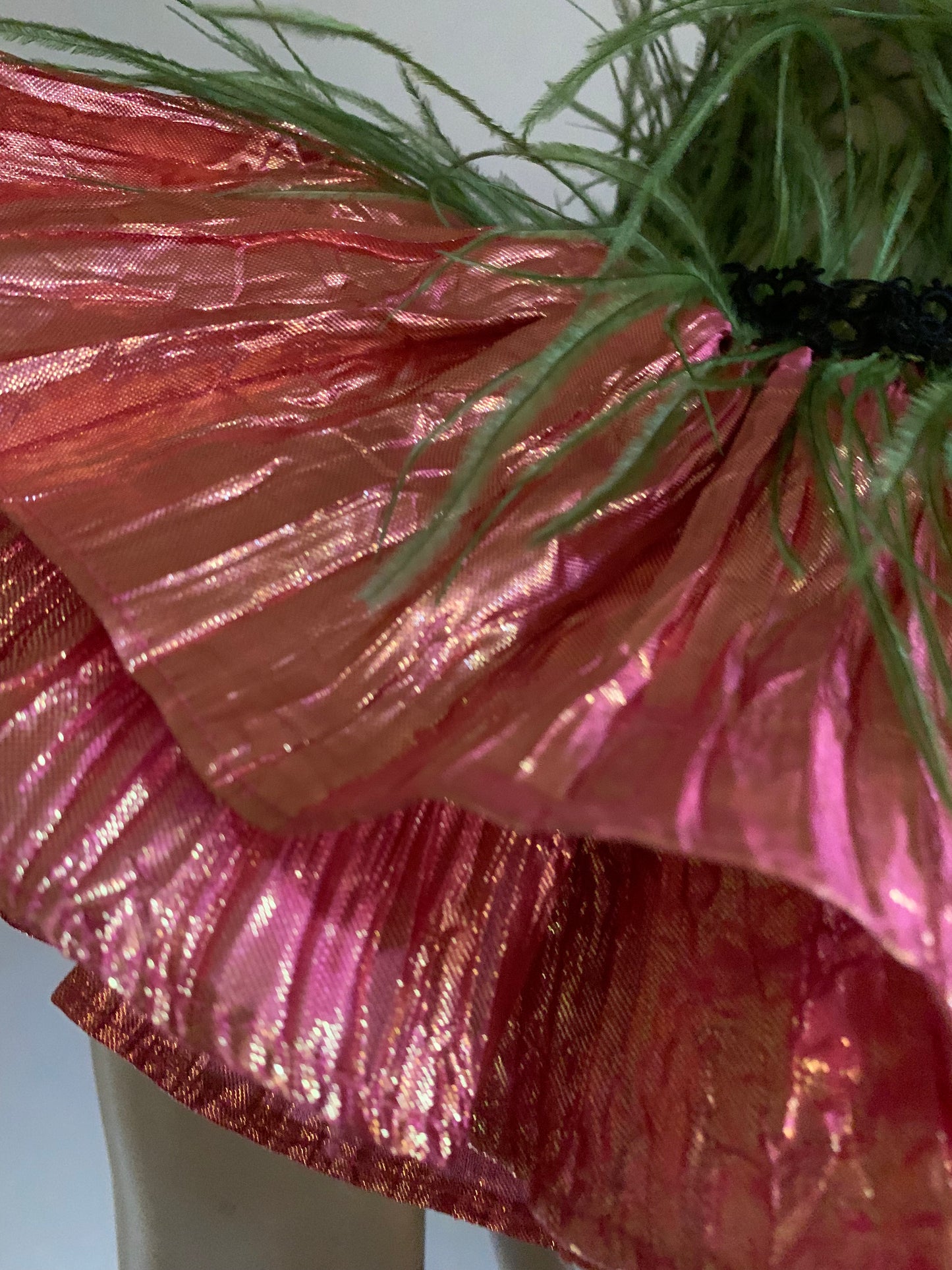 Ruffed Up- the Reimagined Pleated Iridescent Coral Ruffled Collar with Beads and Feathers