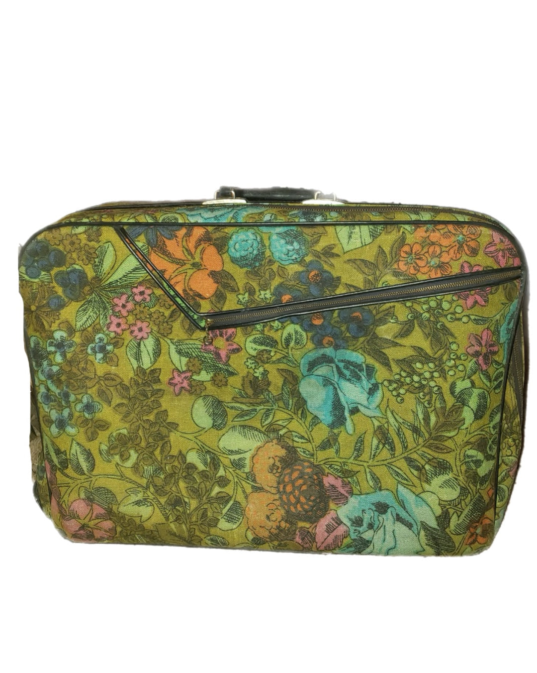 Blue Rose Print Avocado Green Floral Design Suitcase circa 1970s