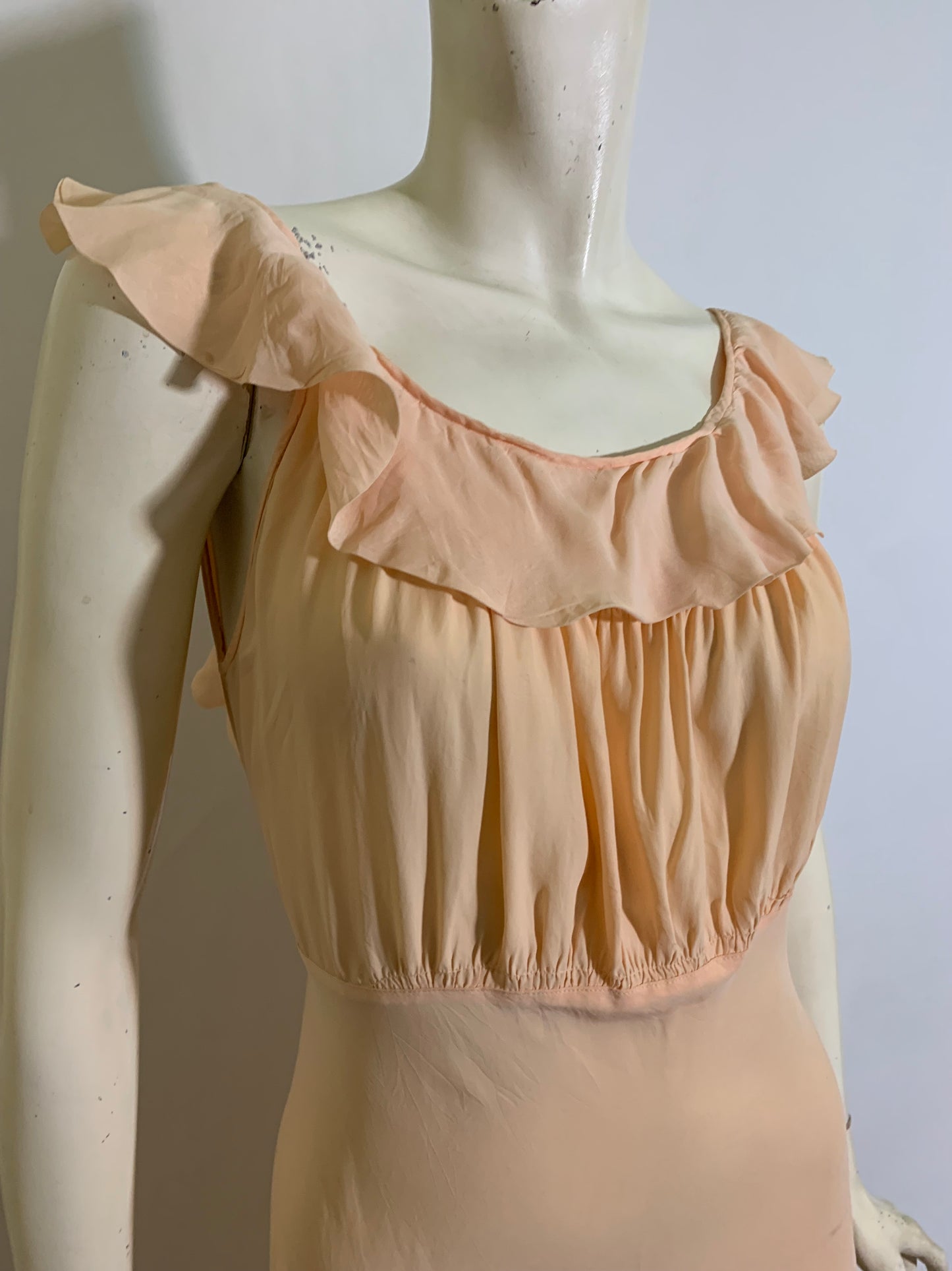 Rare Flirty Low Back Bias Cut Peach Nightgown with Ruffles circa 1930s