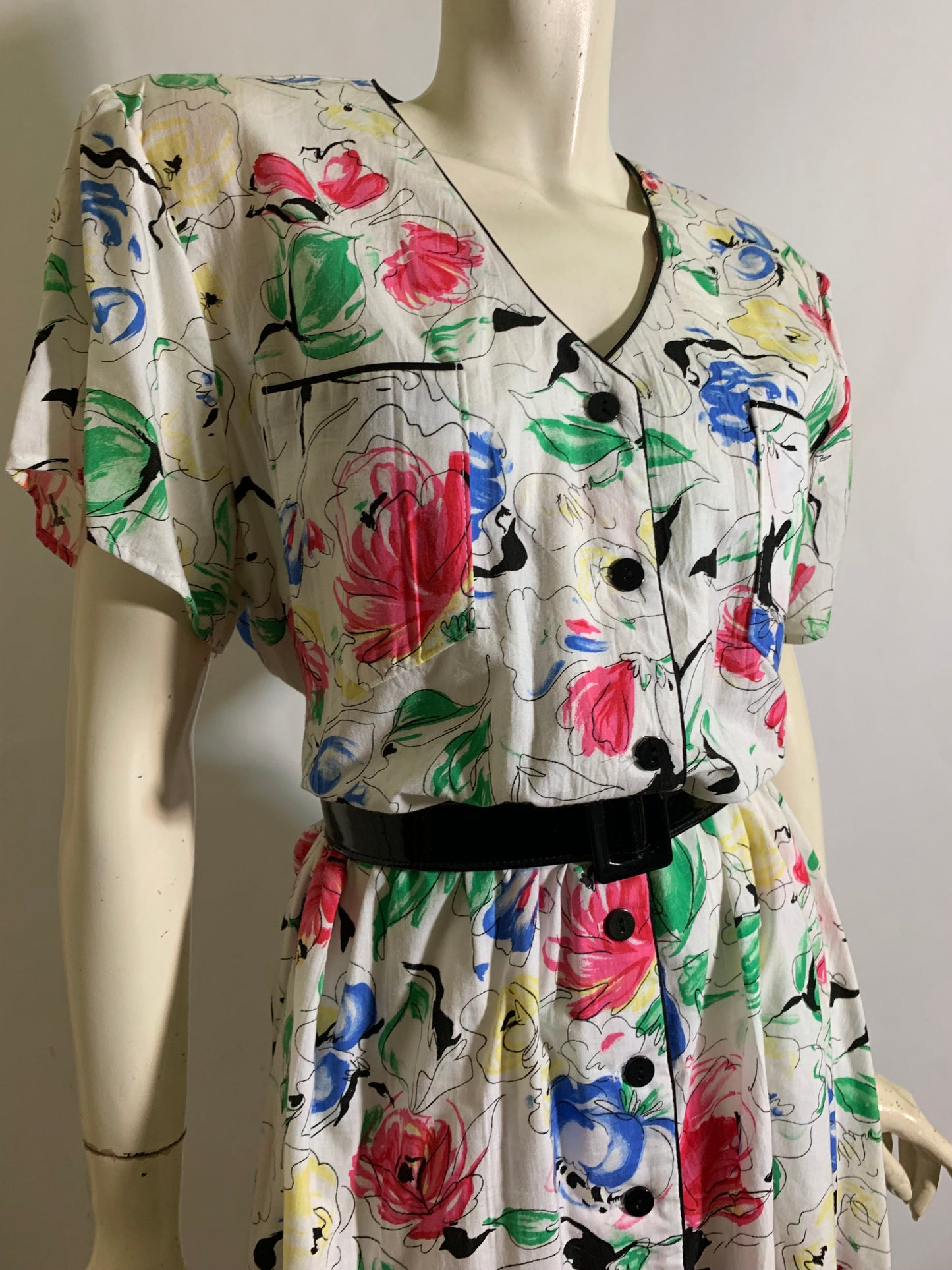 Sketchwork Bright Flower Print Cotton Dress circa 1980s