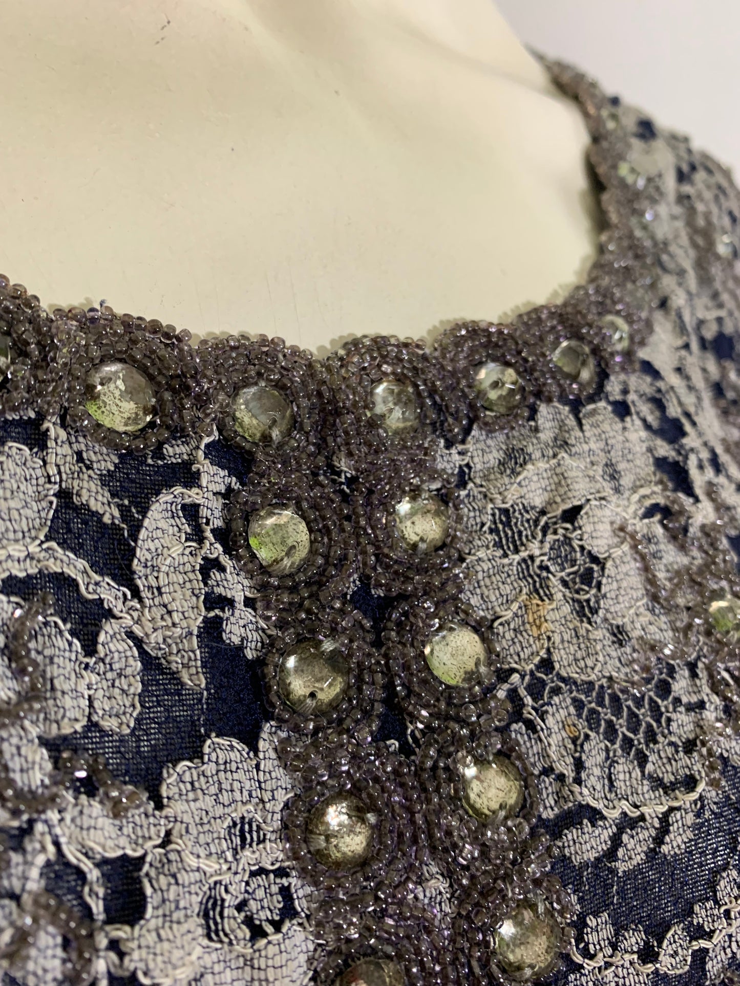 Deep Blue and White Lace Full Skirt Party Dress with Beading and Rhinestones circa 1950s