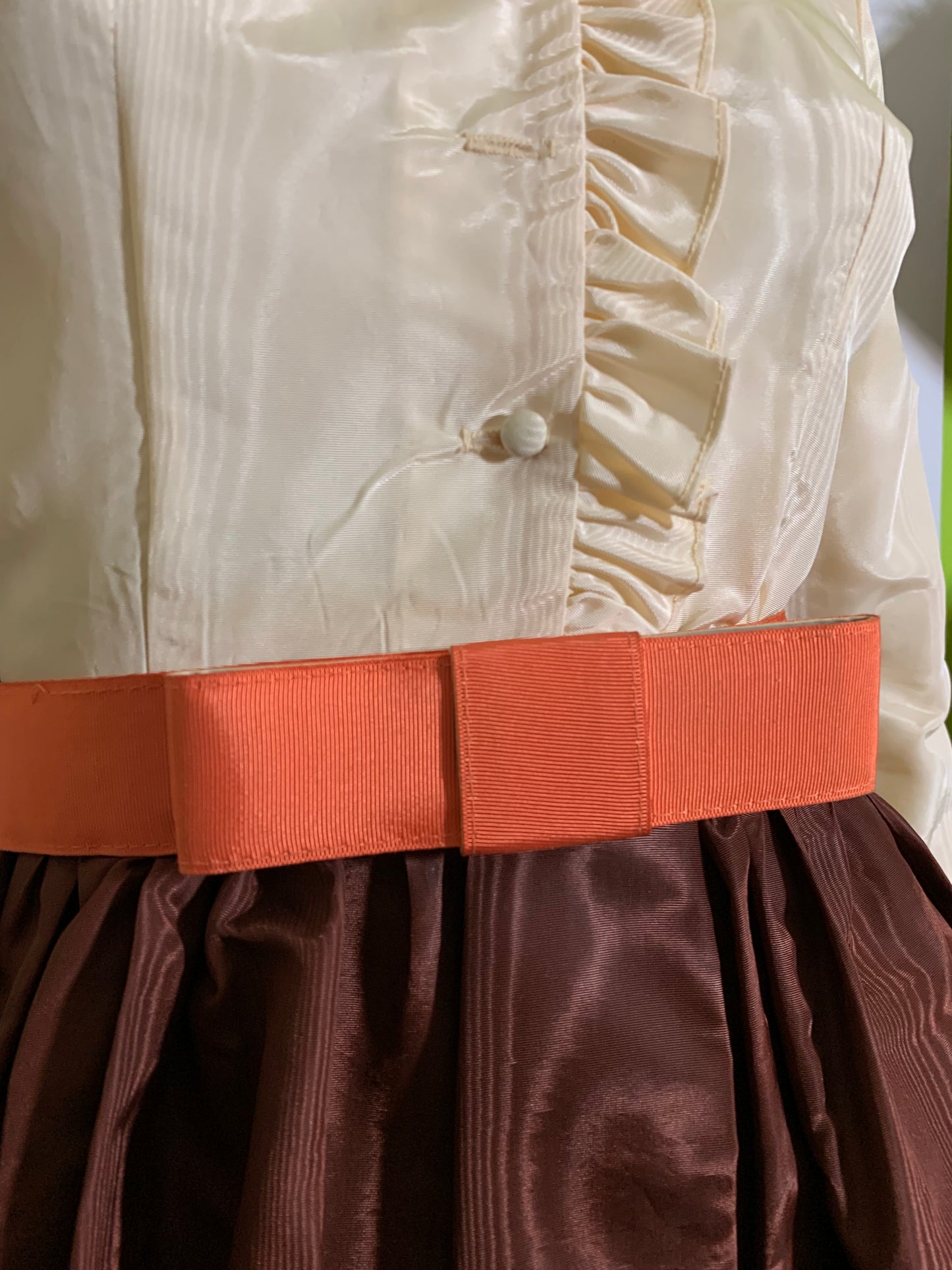 Moire Taffeta Brown and Ivory Mini Dress with Orange Bow Belt circa 1970s