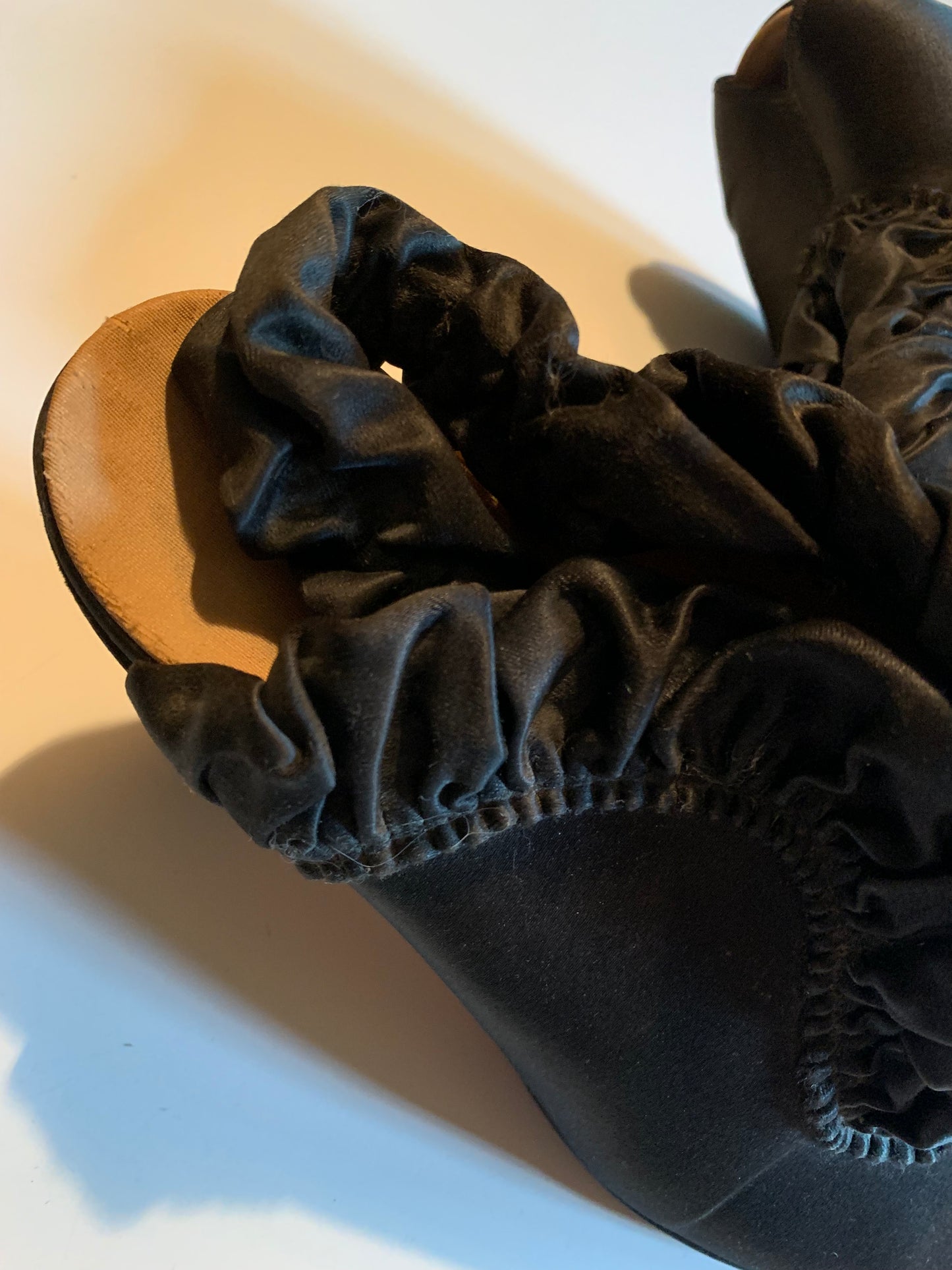 Black Satin Ruffled Slingback Boudoir Slippers Shoes "Frou Frou" circa 1930s