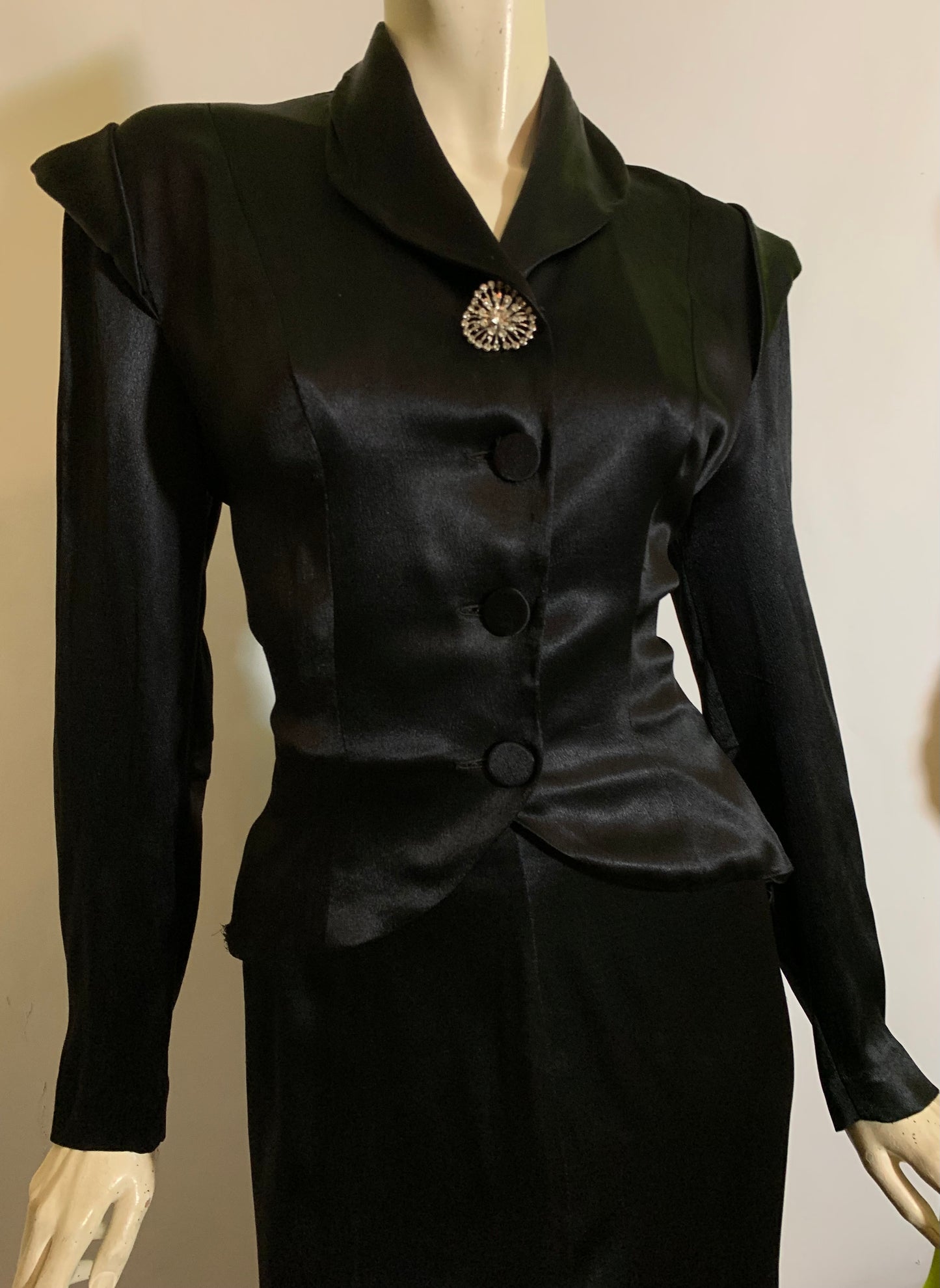 Sleek Black Silk Charmeuse 2 Pc Cocktail Suit with Bustled Drape Back circa 1940s