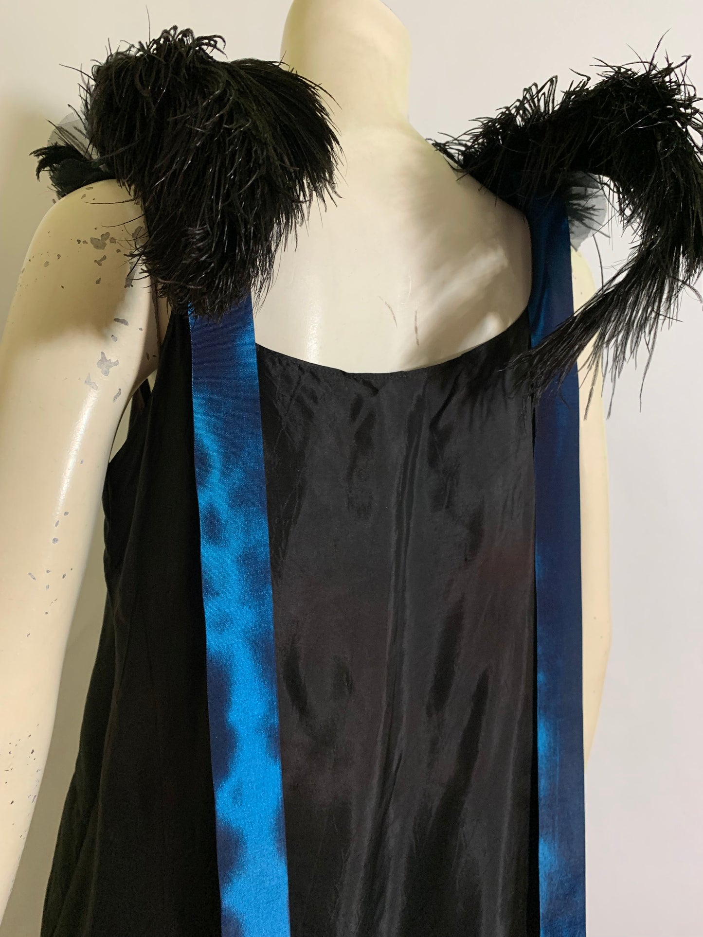 Lady Windermere Reimagined 1920s Black Silk Dress with Victorian Glass Beading Ostrich Feathers and Blue Ribbon L