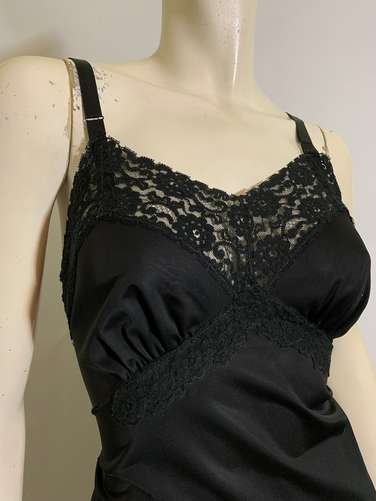 Black Nylon Full Slip with Lots of Lace Trim circa 1960s 36