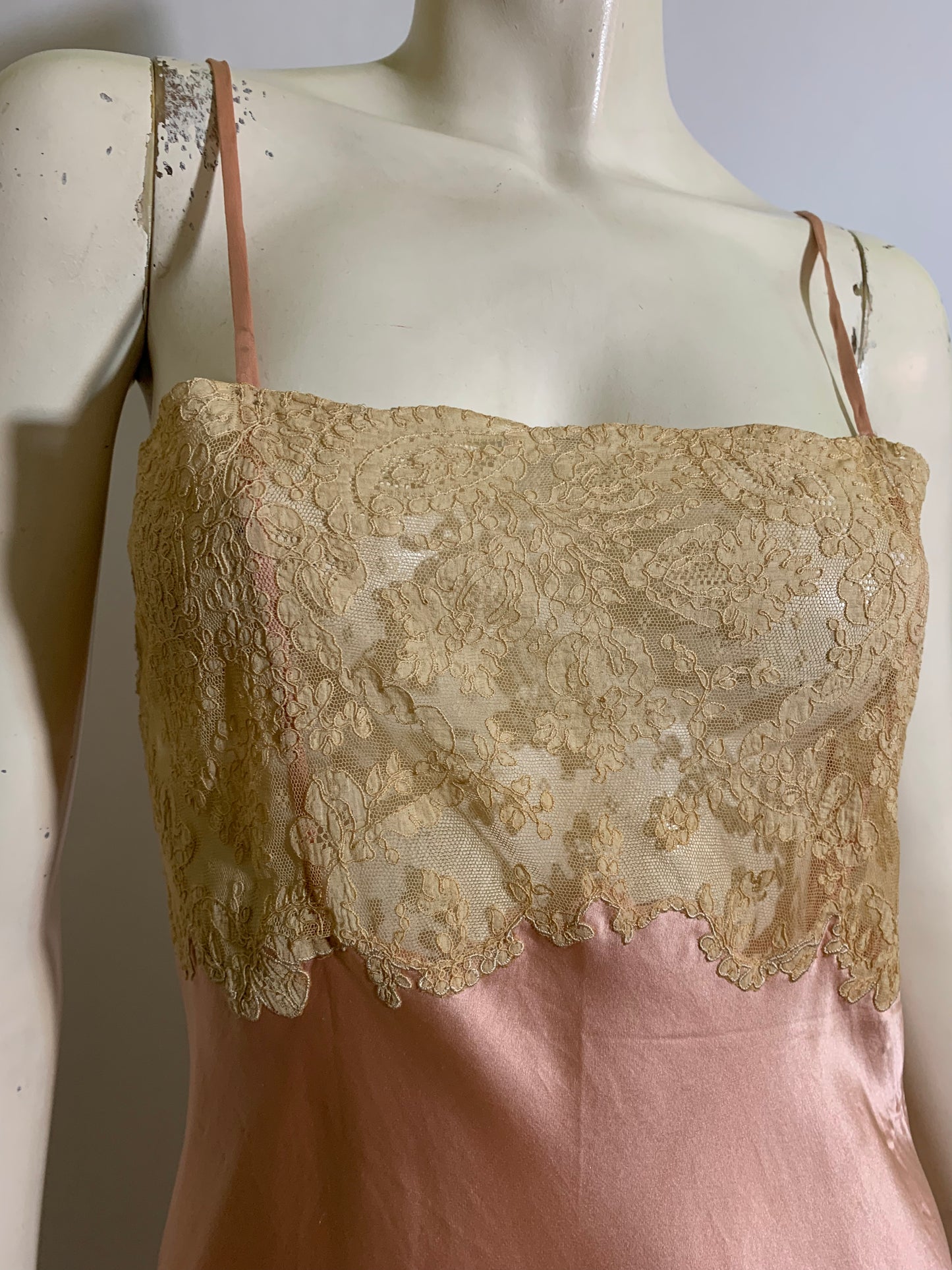 French Apricot Silk and Ecru Lace Cut Work Hem Slip circa 1930s