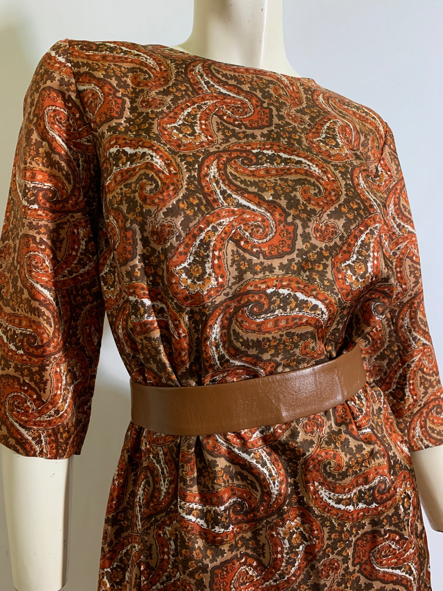 Acorn Brown & Orange Paisley Print Button Back Dress circa 1960s