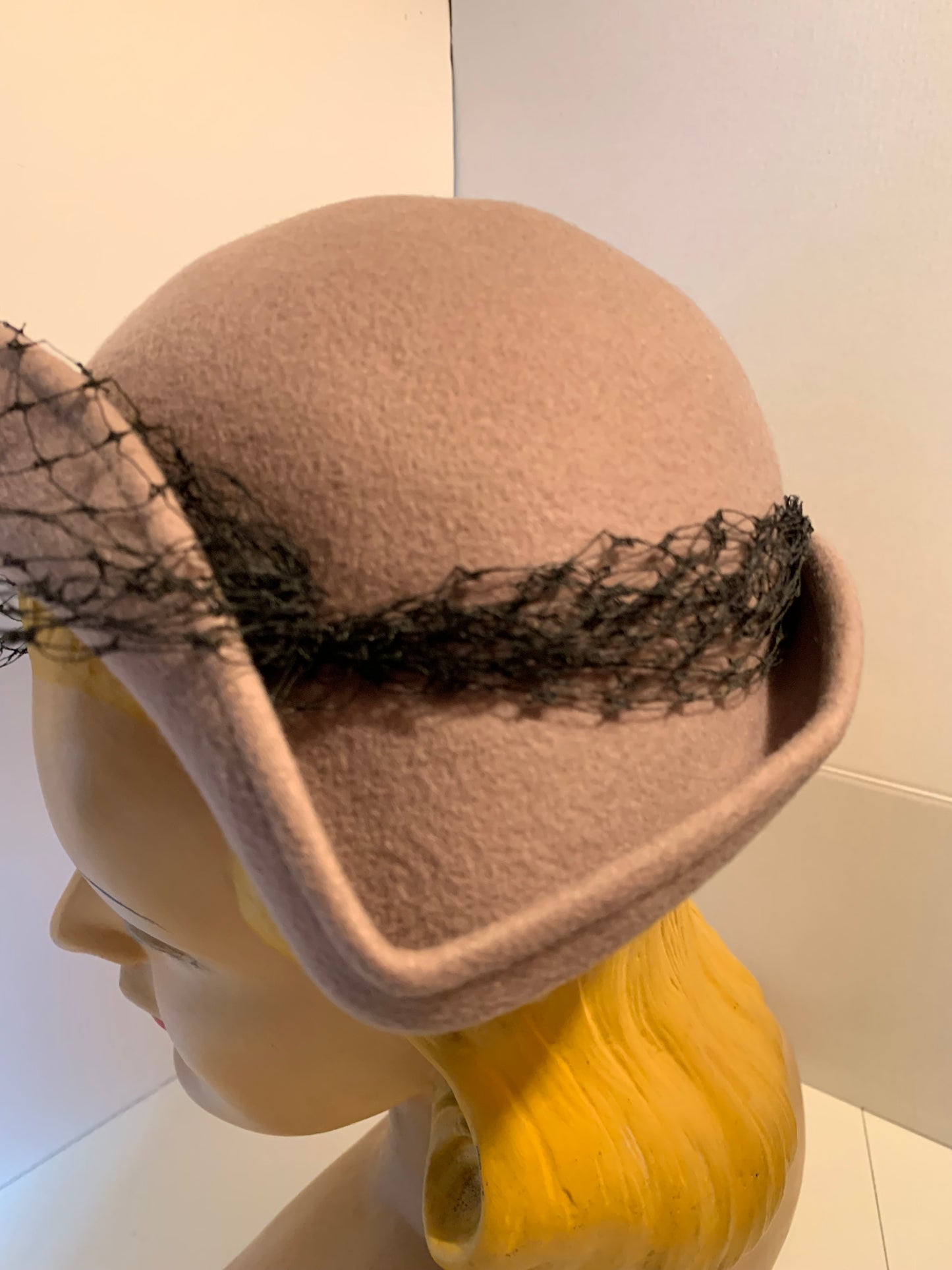 Rose Tan Angled Asymmetrical Fedora Hat with Veil circa 1940s