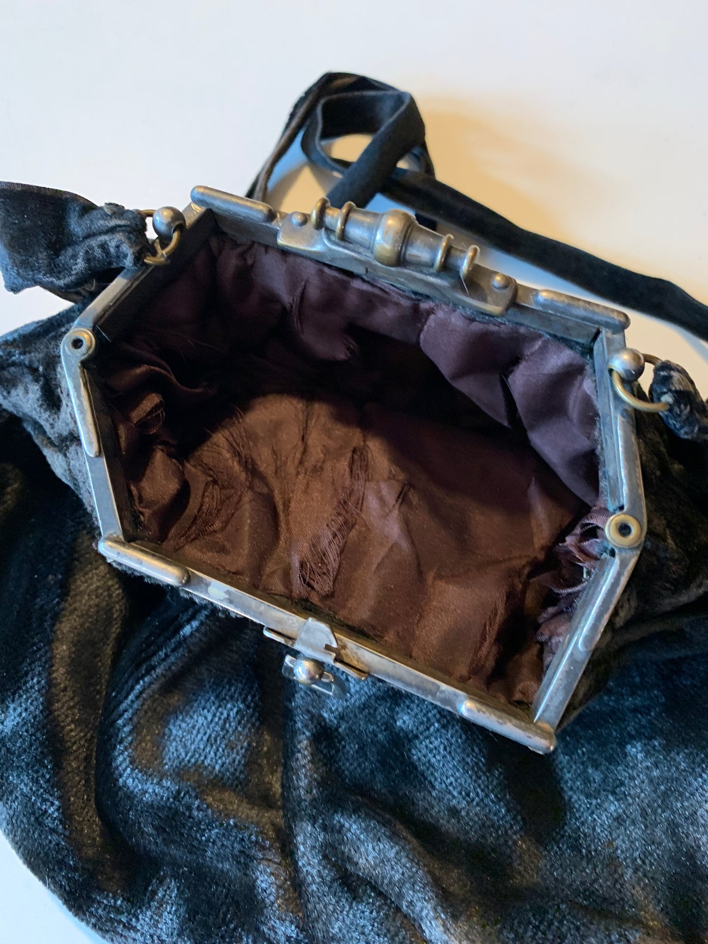 Black Cotton Velvet Folding Frame Handbag with Tassel circa 1890s