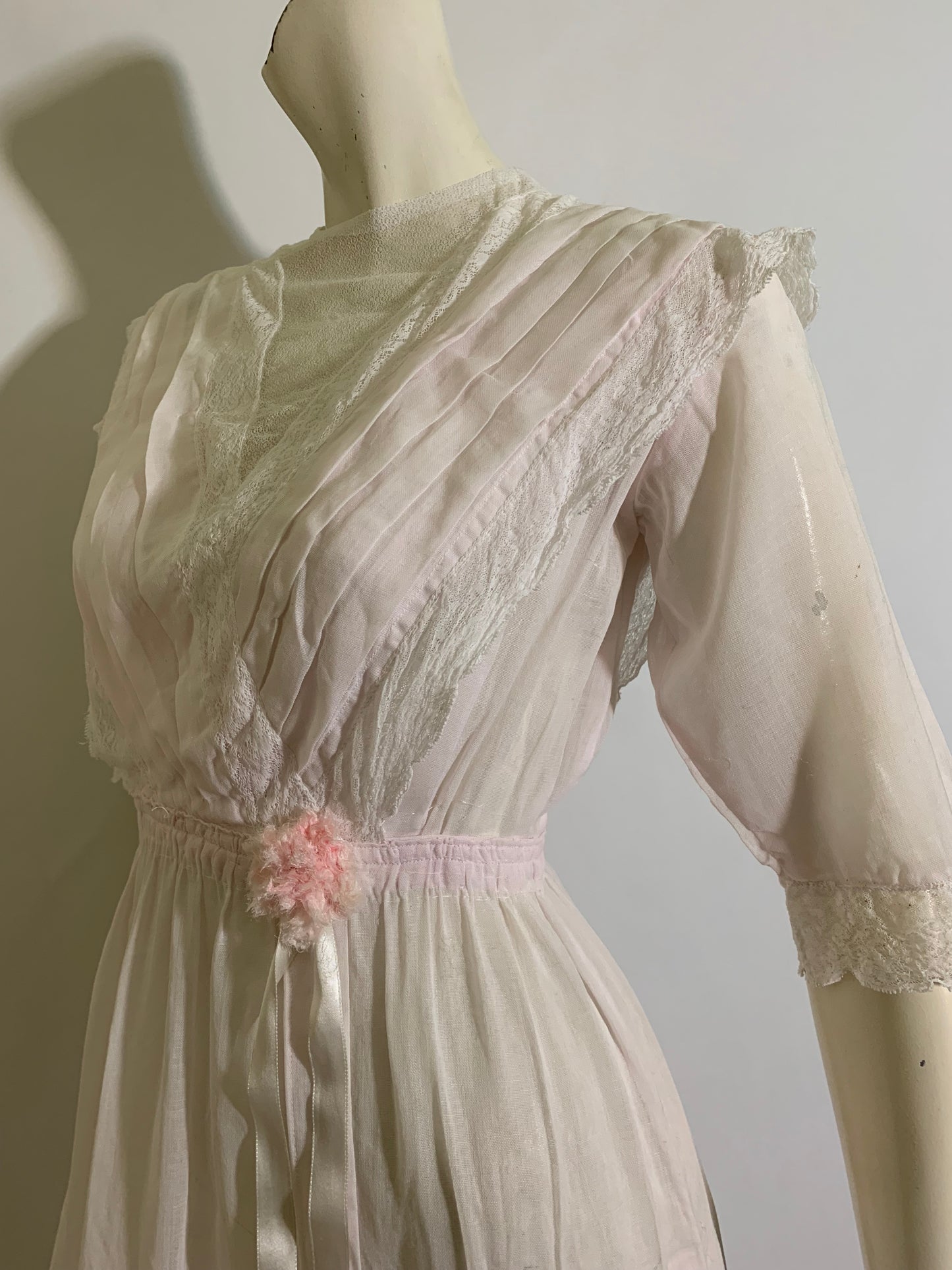 Palest Petal Pink Semi-Sheer Pink Cotton Edwardian Dress with Rosettes and Ribbon circa 1910s