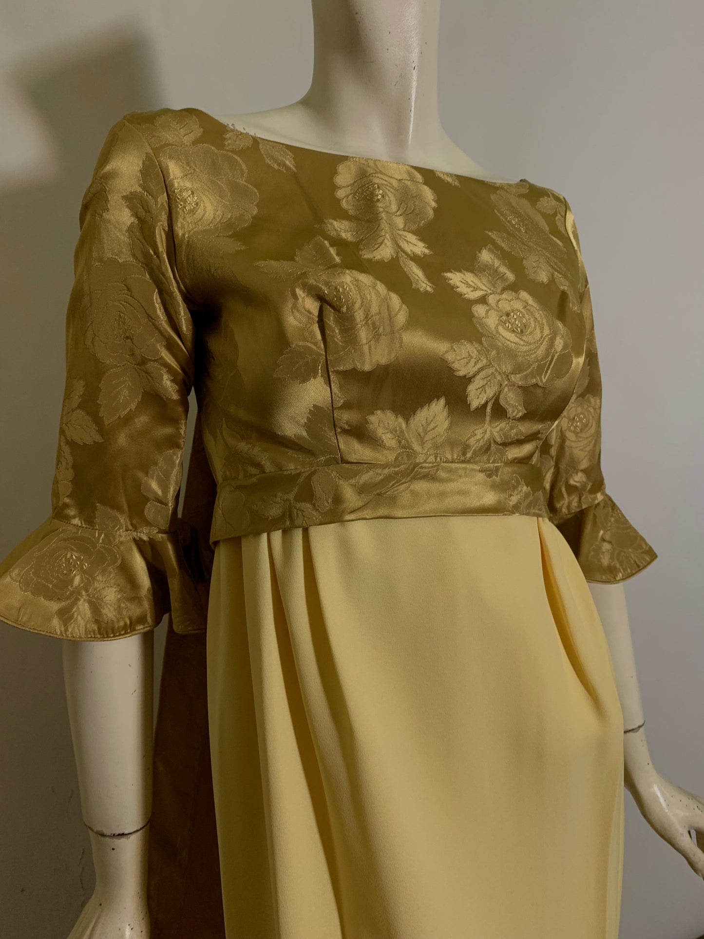 Goldenrod Long Dress Satin Bodice Watteau Train circa 1960s