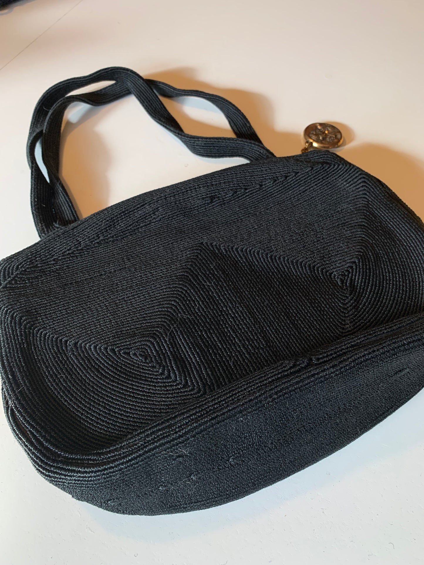 Black Double Handle Cordé Style Handbag with Nouveau Zipper Pull circa 1940s