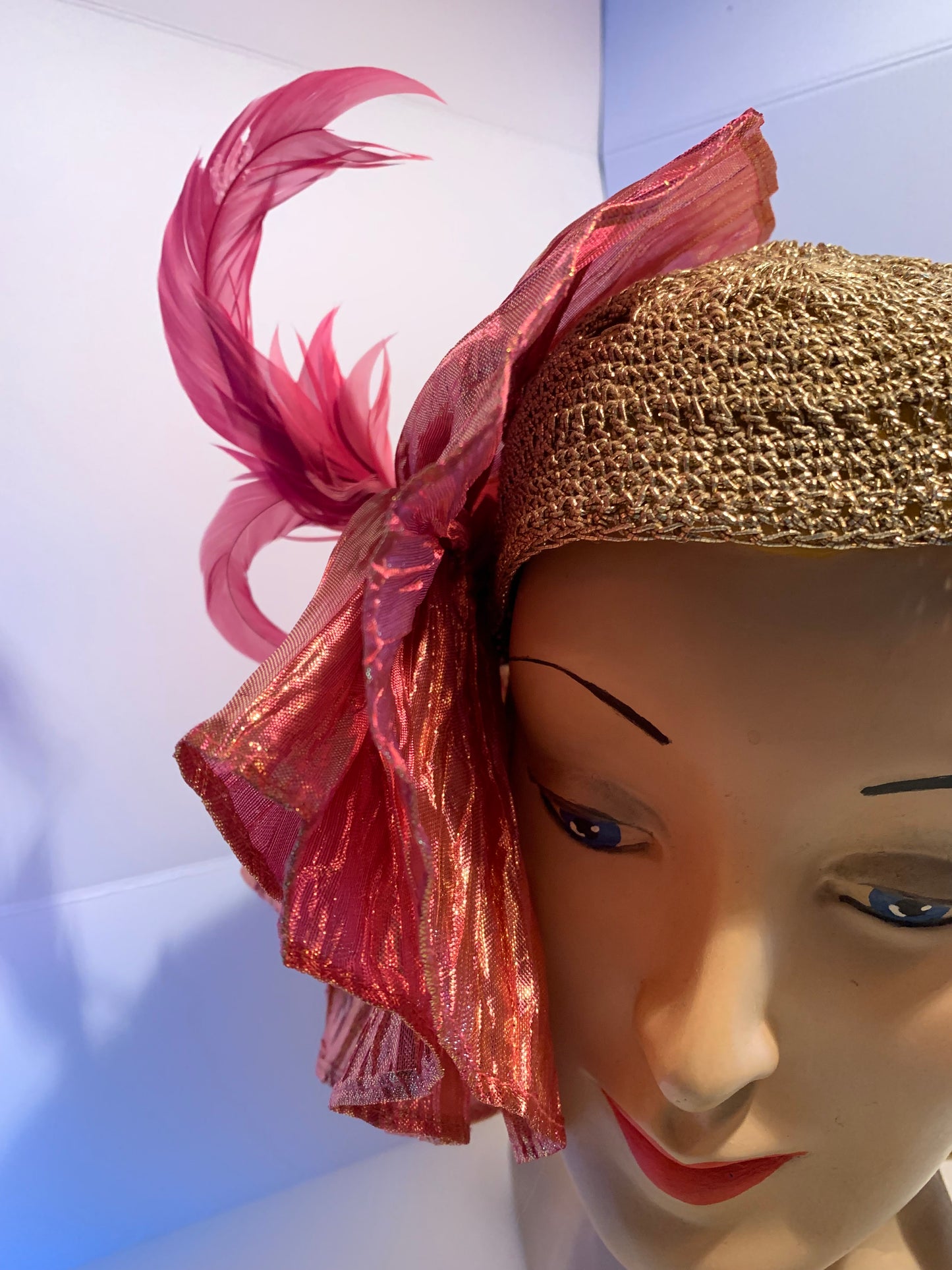 Limelight Reimagined 1930s Gold Metallic Hat with Iridescent Pink Fan Pleats and Feathers