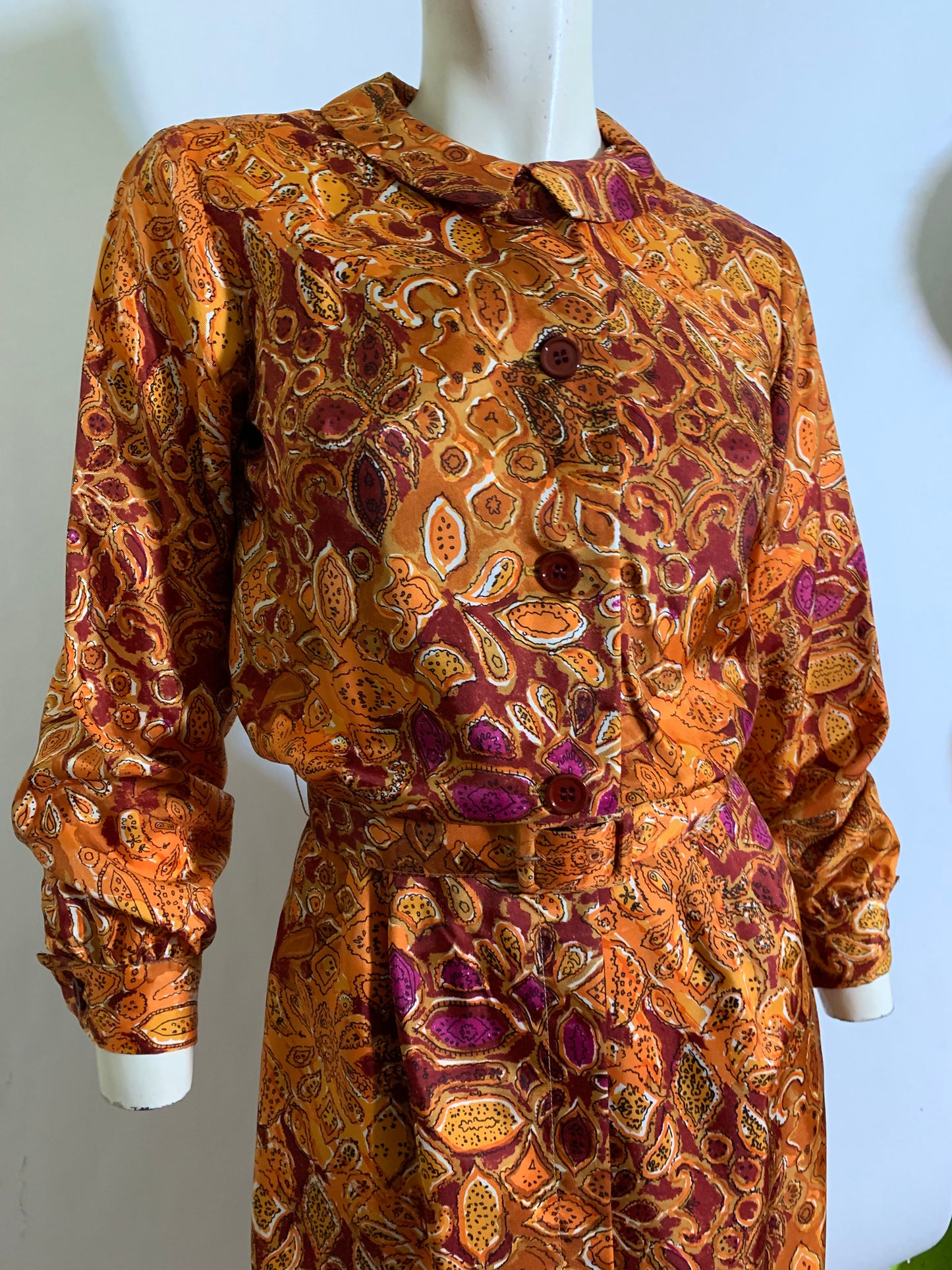 Fire Orange Paisley and Fig Print Dress circa 1960s