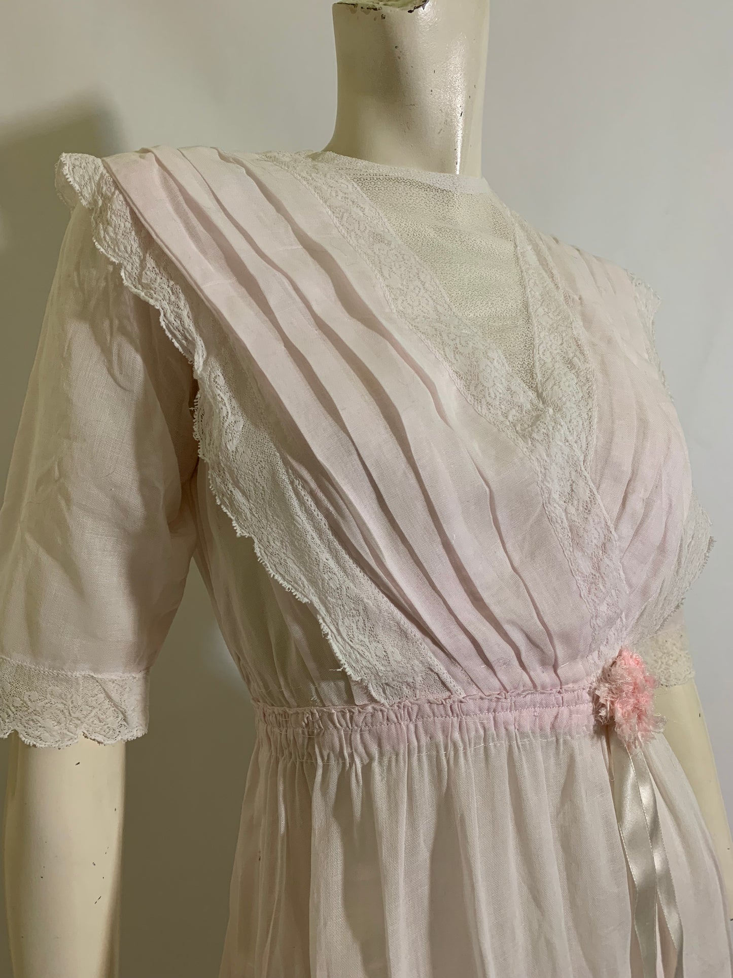 Palest Petal Pink Semi-Sheer Pink Cotton Edwardian Dress with Rosettes and Ribbon circa 1910s