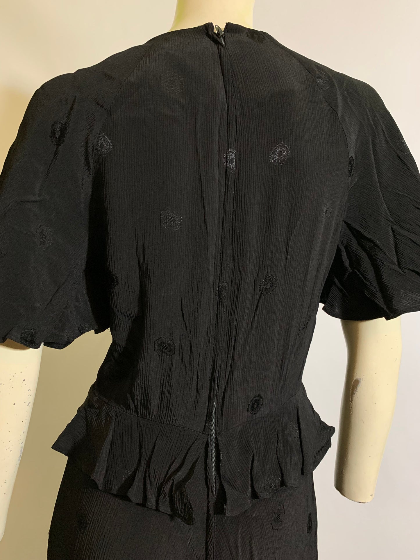 1930s Style Black Crepe Rayon Dress with Flutter Sleeves circa 1970s