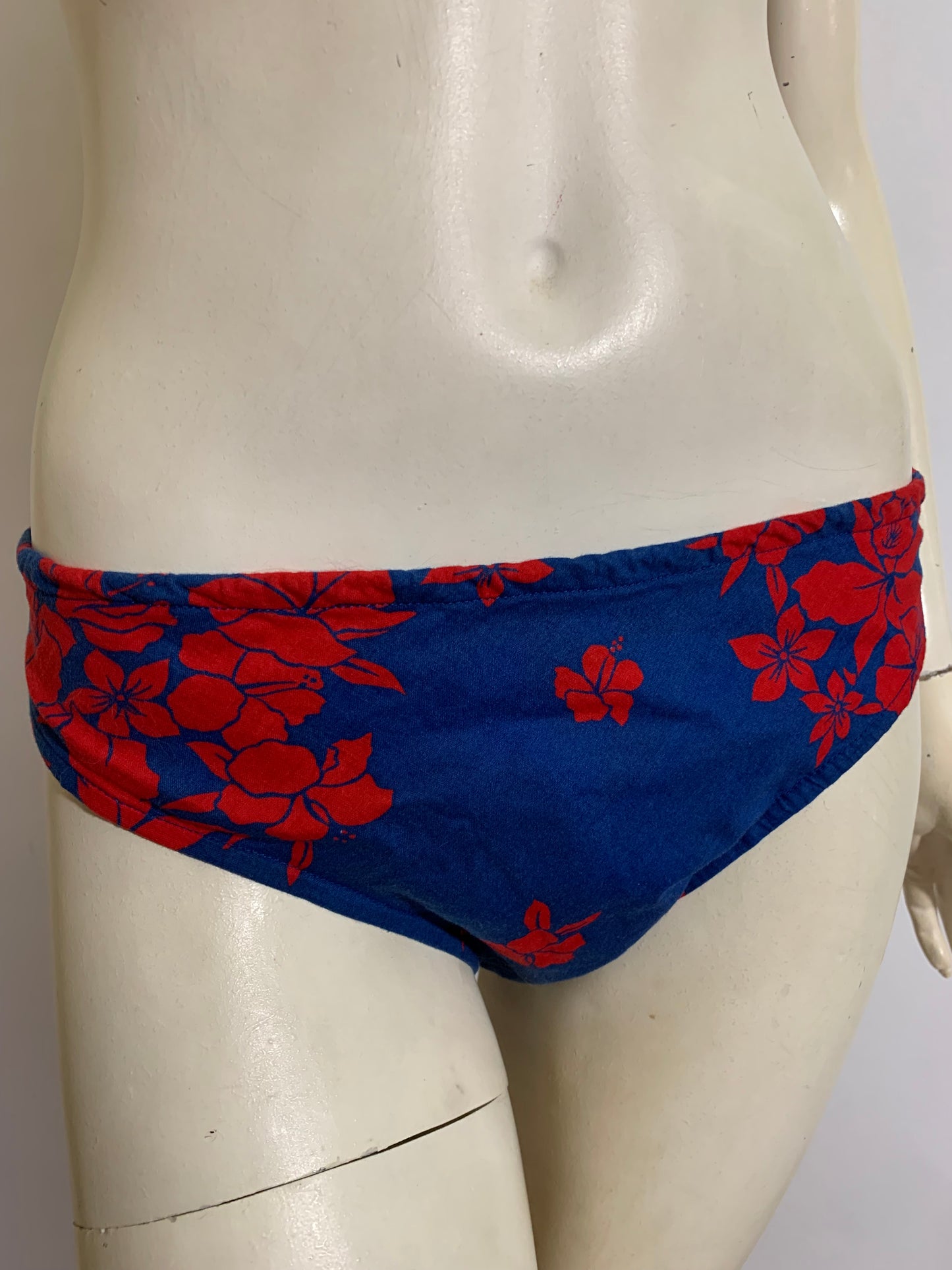 Bold Blue and Red Tropical Flower Print Low Rise Bikini with Sarong Wrap circa 1970s