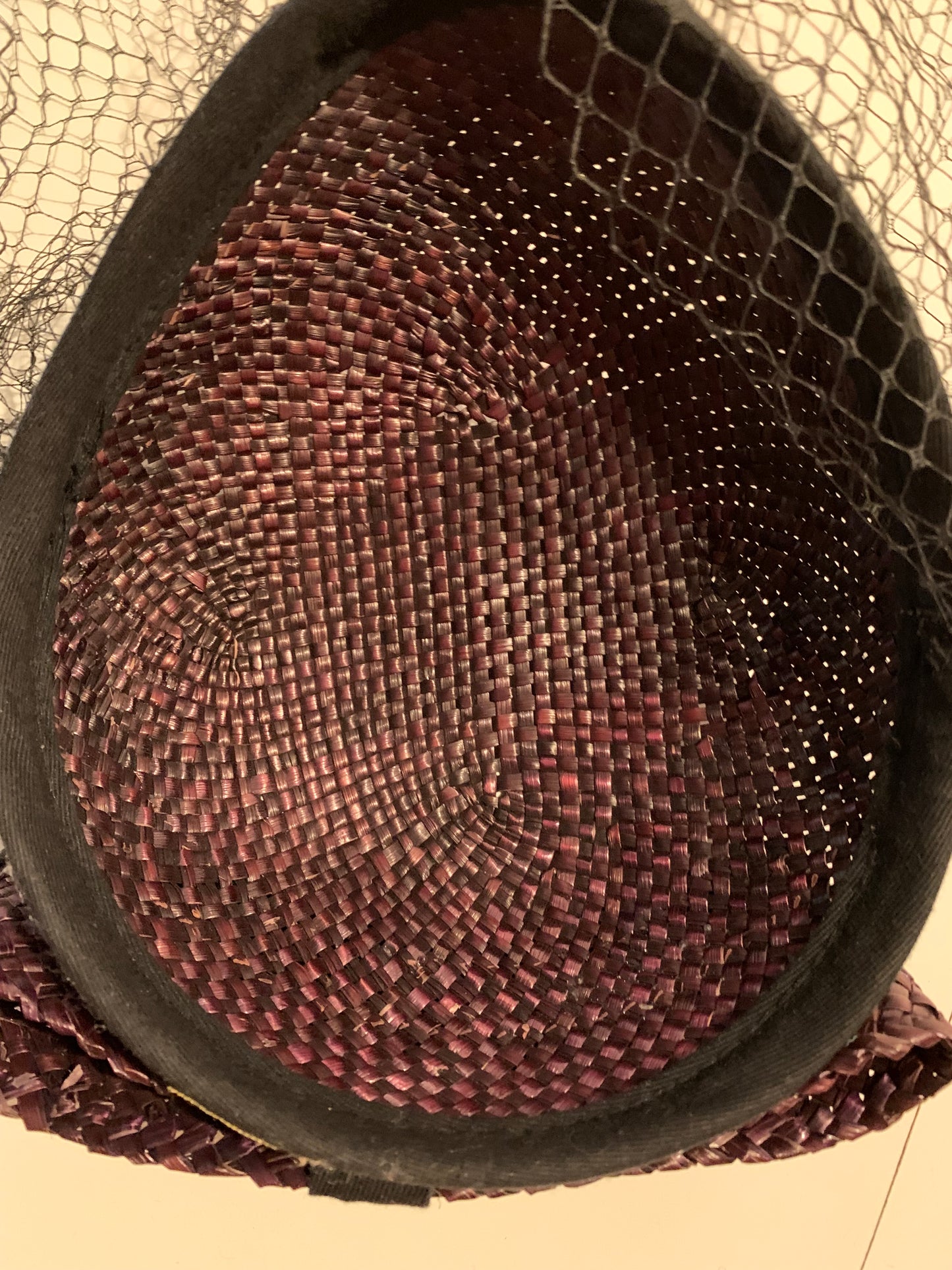 Glossy Wicker Rounded Top Cap Hat with Veil and Bow circa 1960s