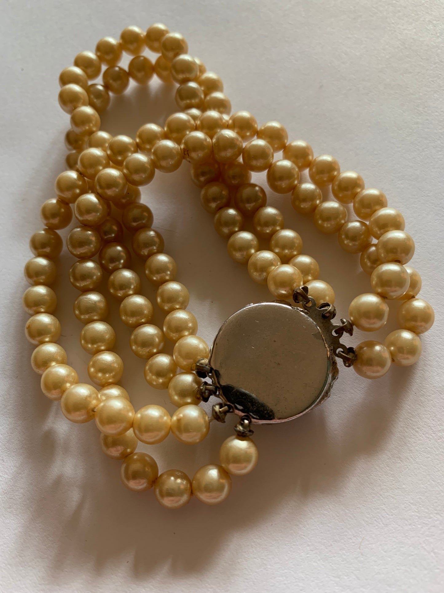 Luxe Quadruple Strand Faux Pearl Bracelet with Rhinestone Clasp circa 1930s