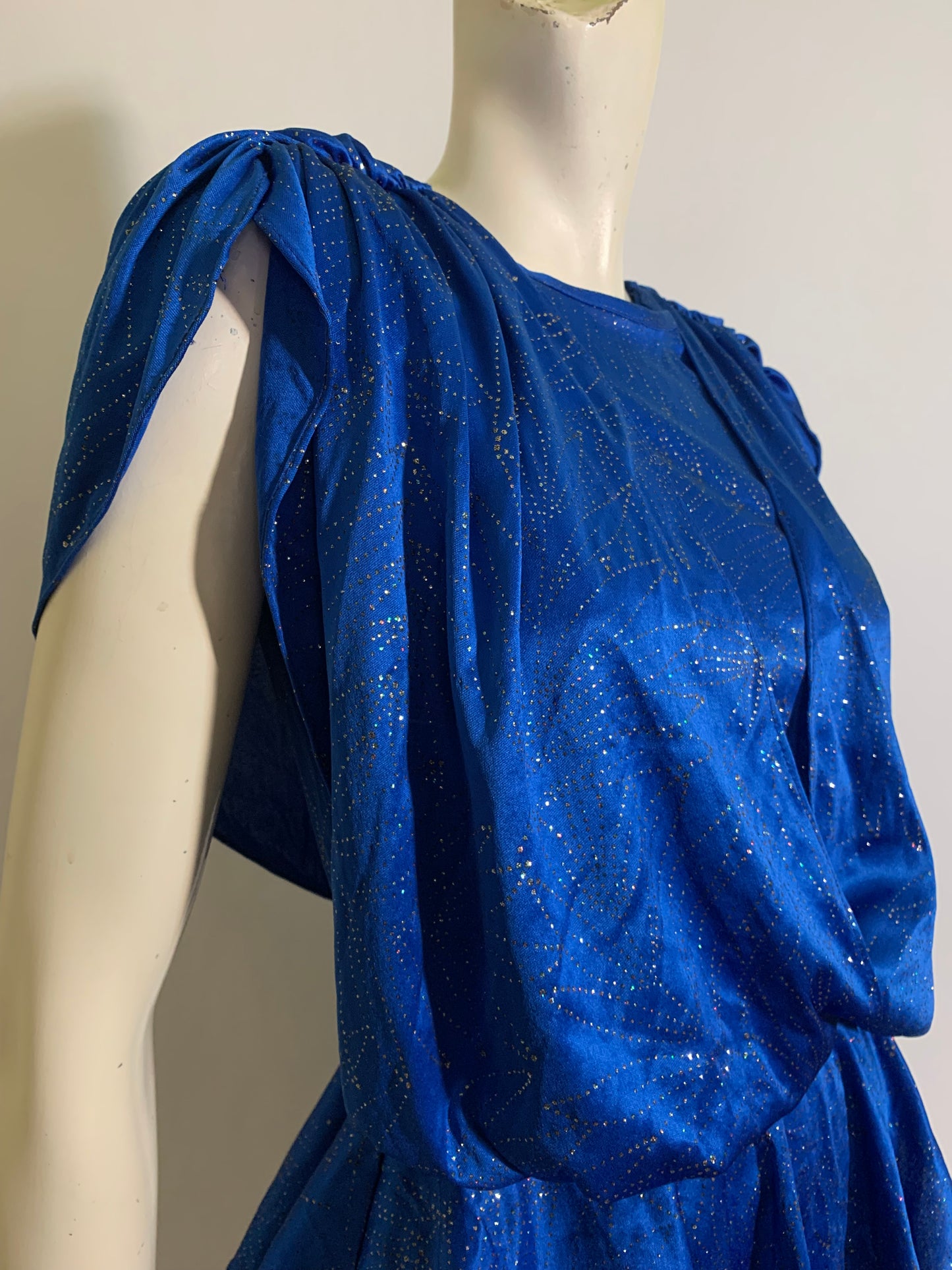 Glittery Royal Blue Draped Disco Dress Low Back circa 1980s