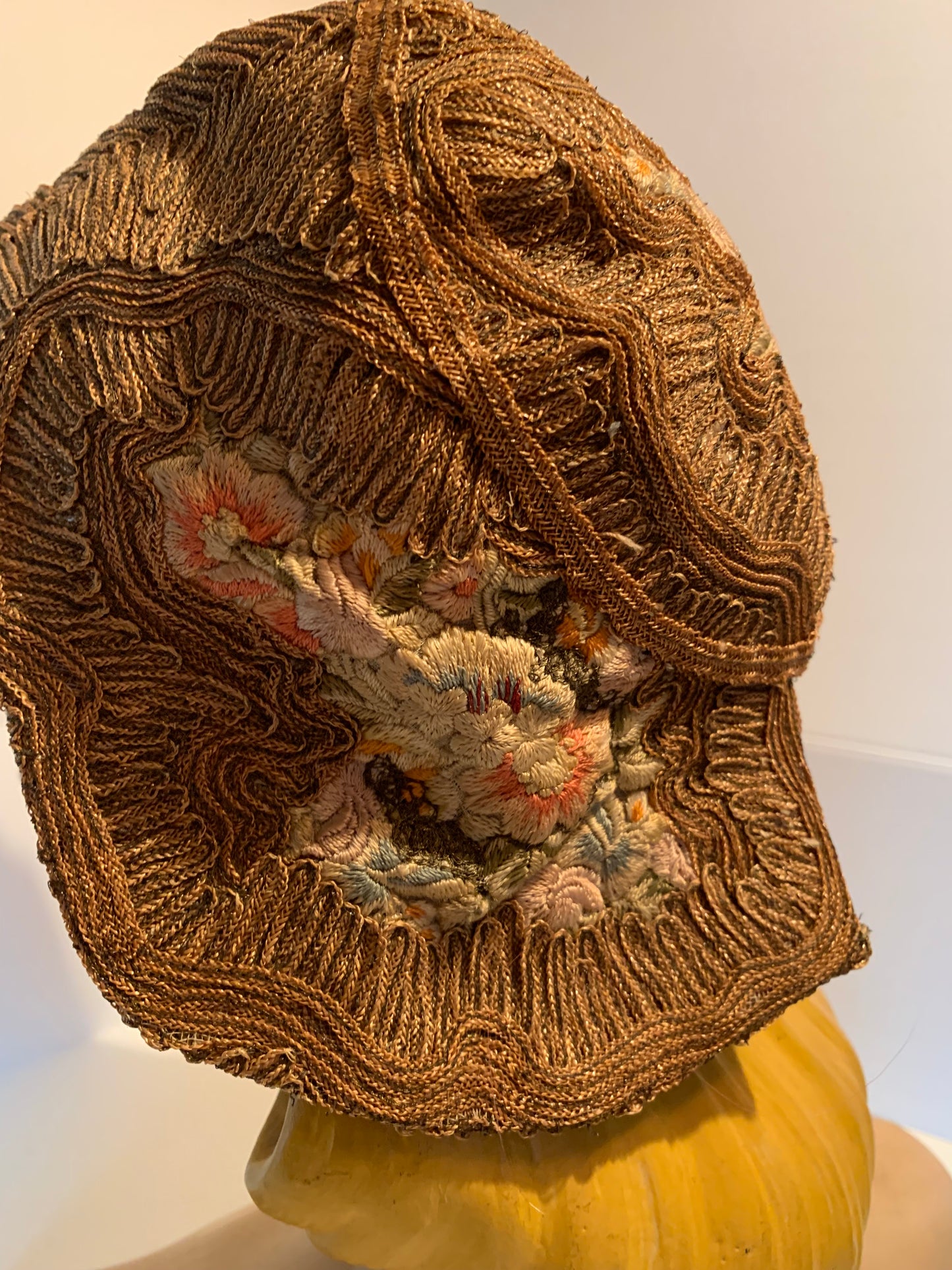 Pastel Flower Embroidered Natural Sisal Cloche Hat circa 1920s