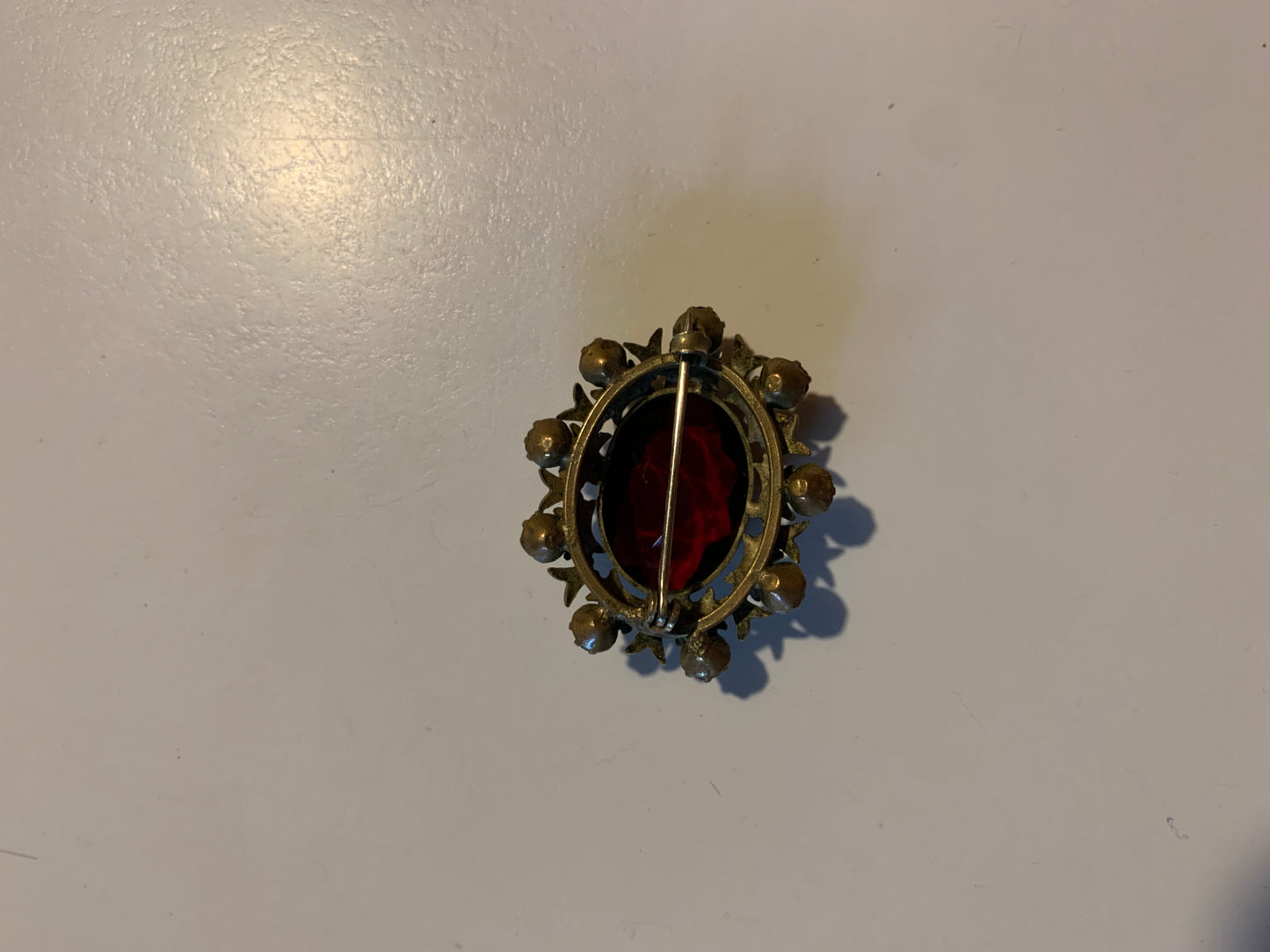 Deep Ruby Red Cut Glass and Rhinestone Oval Brooch circa 1910s