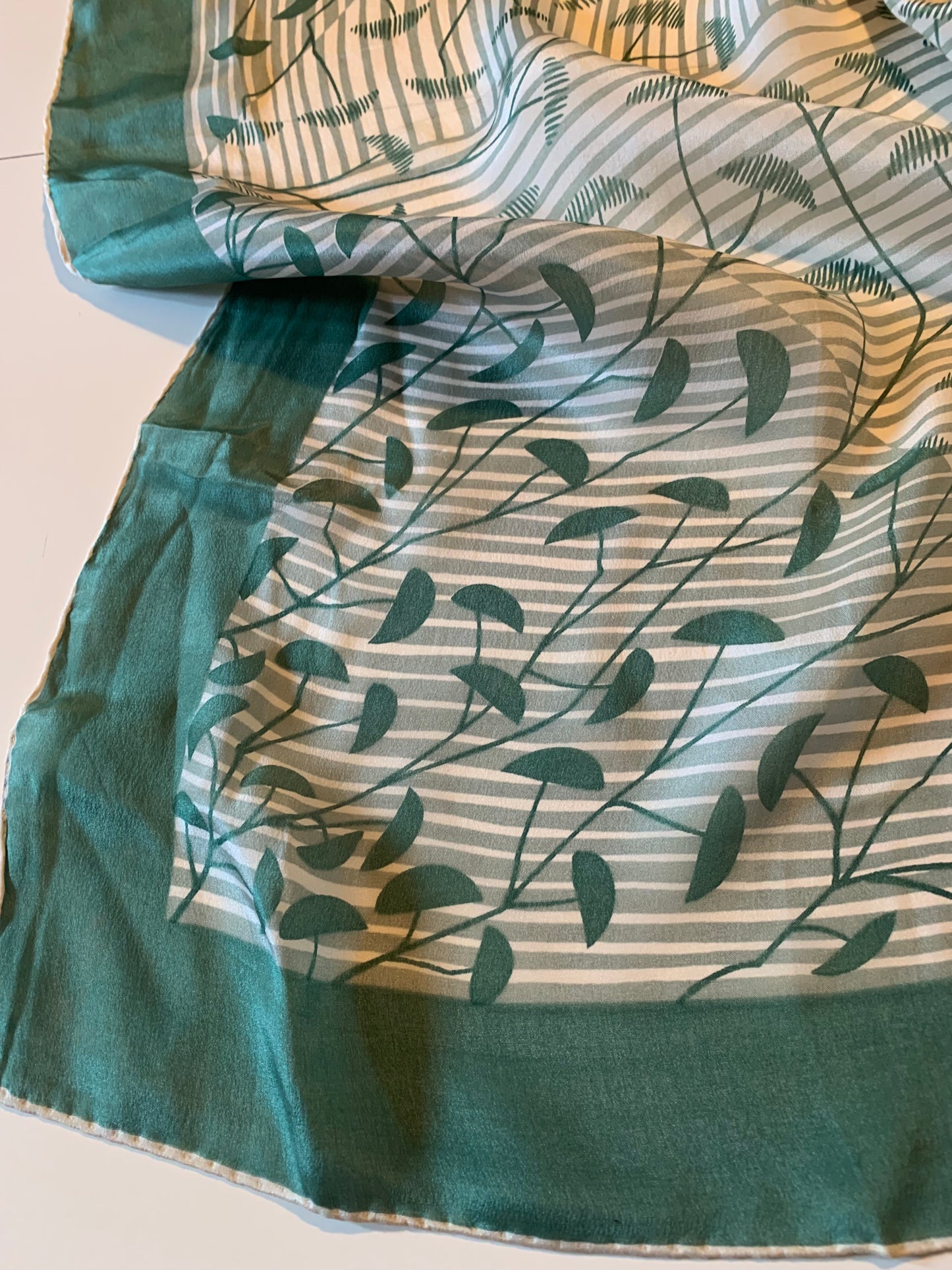 Stylized Green Leaf Print Square Scarf circa 1970s