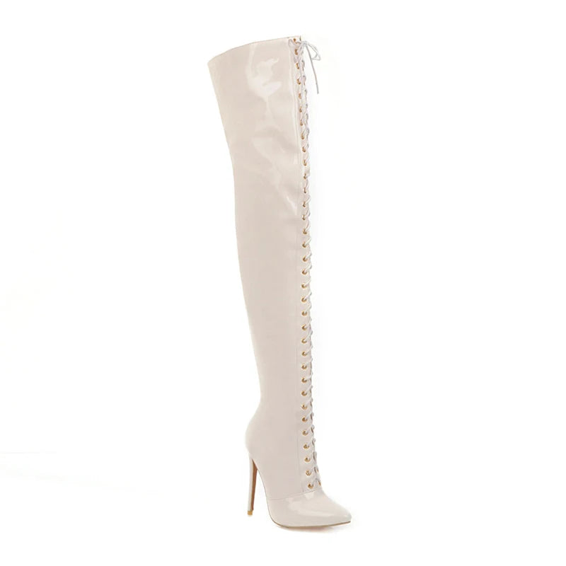 Great Heights- the Thigh High Patent Vinyl Lace Up High Heel Boots 3 Colors