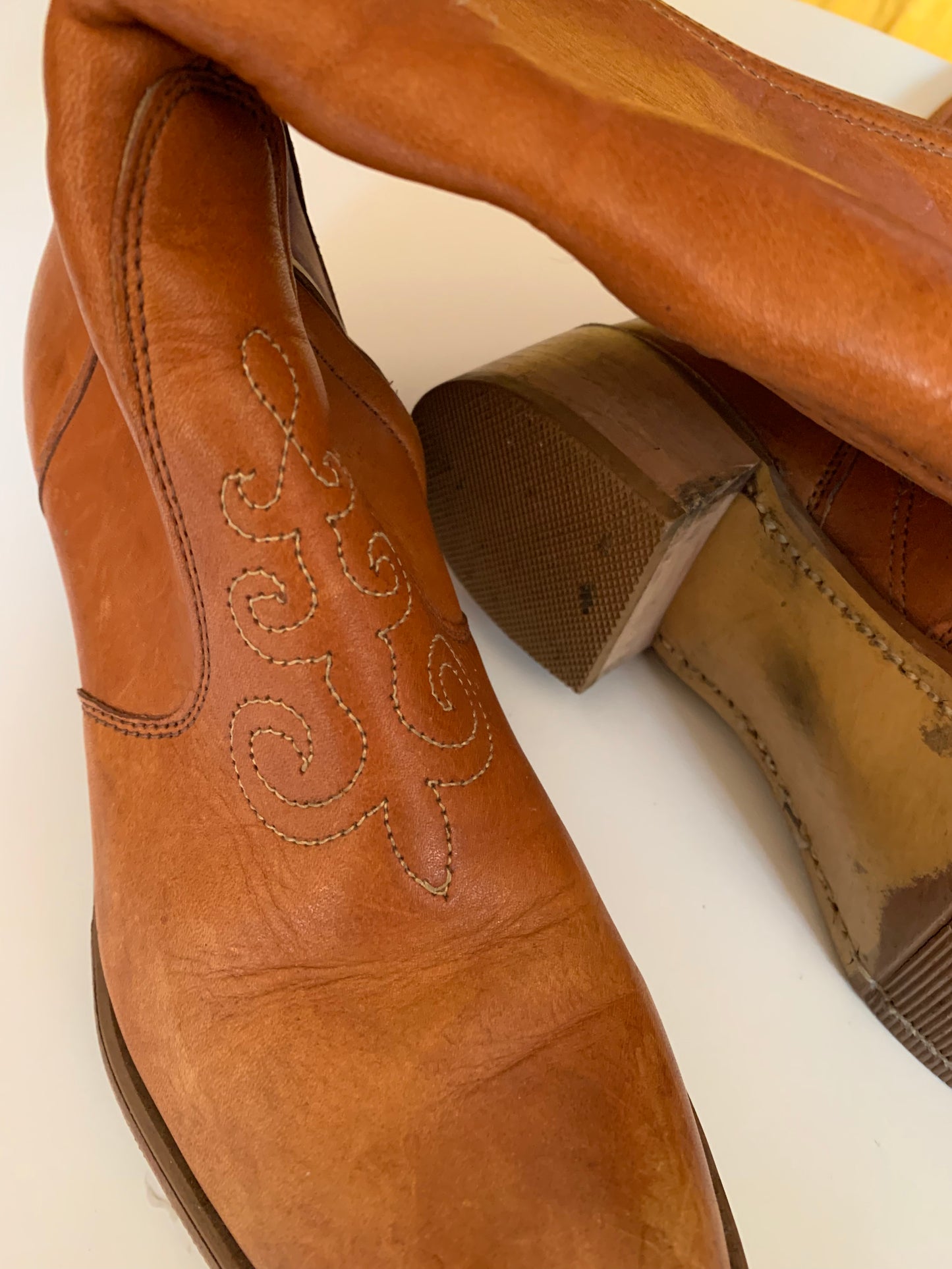 Terra Cotta Western Style Embroidered Leather Boots circa 1970s