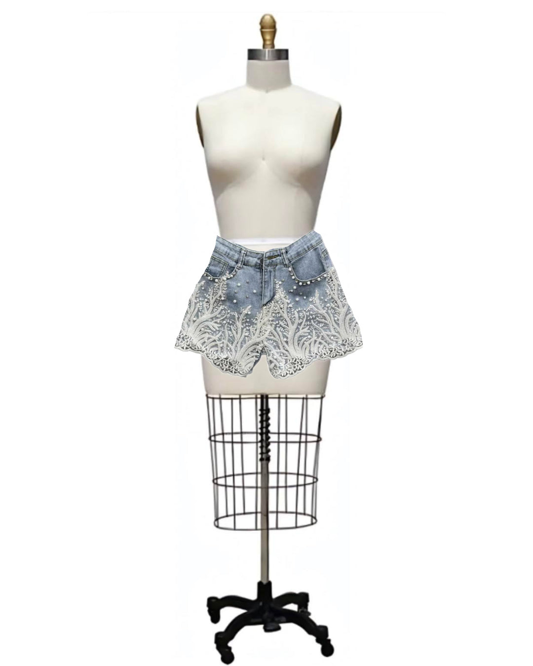 Frost- the Faded Denim Shorts with White Lace and Faux Pearls