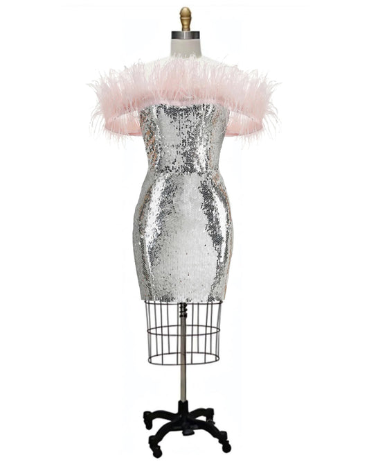 Fossie- the Pink Marabou Feather Adorned Silver Sequined Mini Dress