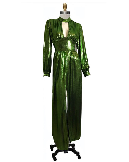 Mica- the Metallic Pleated Maxi Dress with Keyhole Neckline